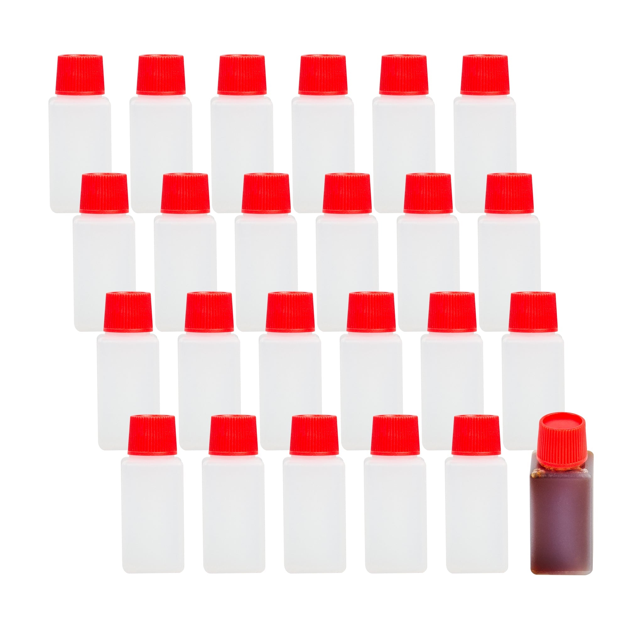Bento Tek 6 mL Translucent Plastic Soy Sauce Bottle - with Red Cap - 1/2" x 1/2" x 1 3/4" - 1000 count box