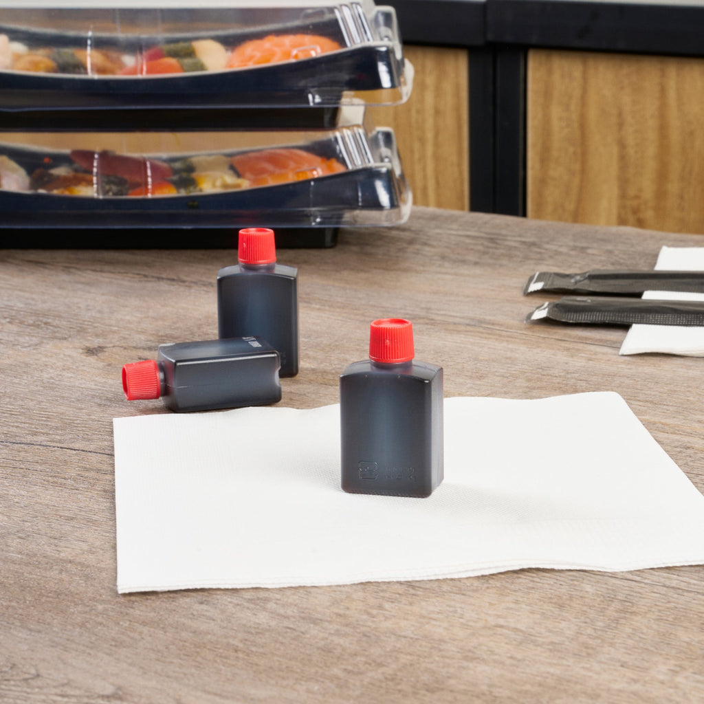 Bento Tek 15 mL Translucent Plastic Soy Sauce Bottle - with Red Cap - 1" x 3/4" x 2" - 1000 count box