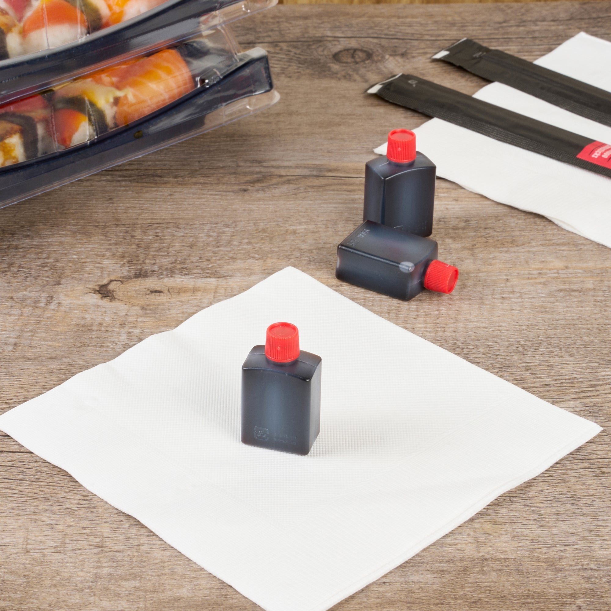 Bento Tek 15 mL Translucent Plastic Soy Sauce Bottle - with Red Cap - 1" x 3/4" x 2" - 1000 count box
