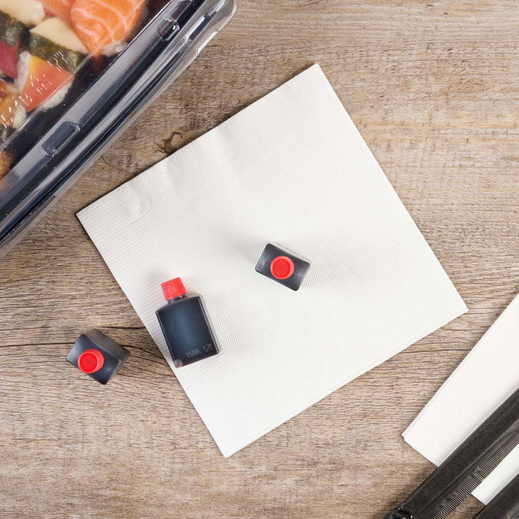 Bento Tek 15 mL Translucent Plastic Soy Sauce Bottle - with Red Cap - 1" x 3/4" x 2" - 1000 count box