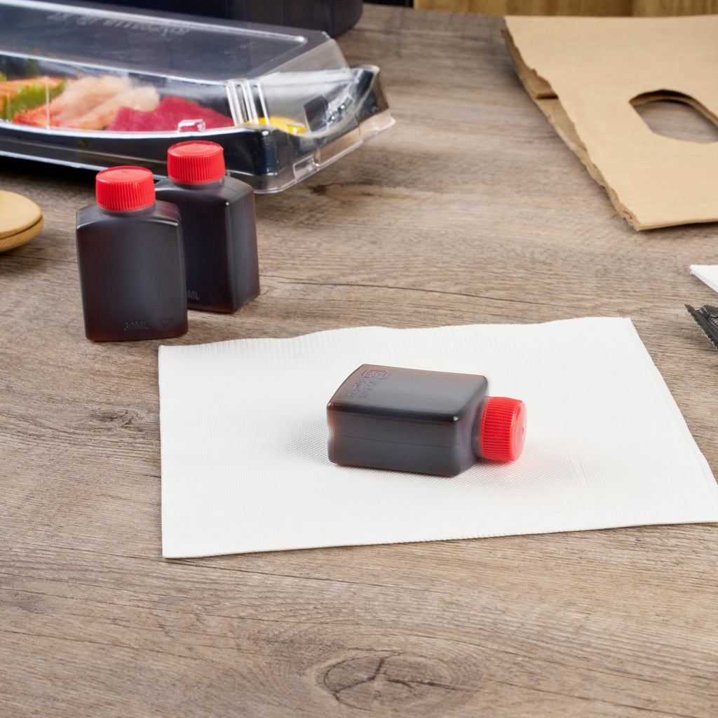 Bento Tek 1 oz Translucent Plastic Soy Sauce Bottle - with Red Cap - 1 1/2" x 3/4" x 2 1/4" - 100 count box