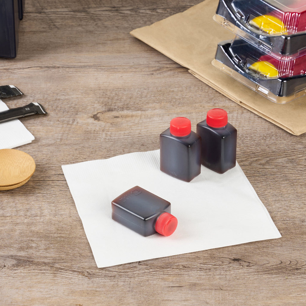 Bento Tek 1 oz Translucent Plastic Soy Sauce Bottle - with Red Cap - 1 1/2" x 3/4" x 2 1/4" - 1000 count box