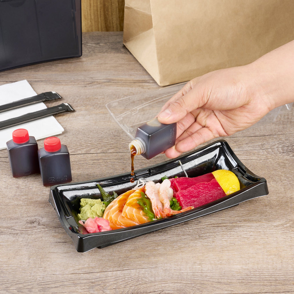 Bento Tek 1 oz Translucent Plastic Soy Sauce Bottle - with Red Cap - 1 1/2" x 3/4" x 2 1/4" - 1000 count box