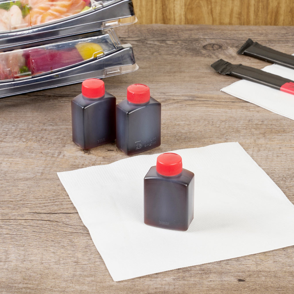 Bento Tek 1 oz Translucent Plastic Soy Sauce Bottle - with Red Cap - 1 1/2" x 3/4" x 2 1/4" - 1000 count box