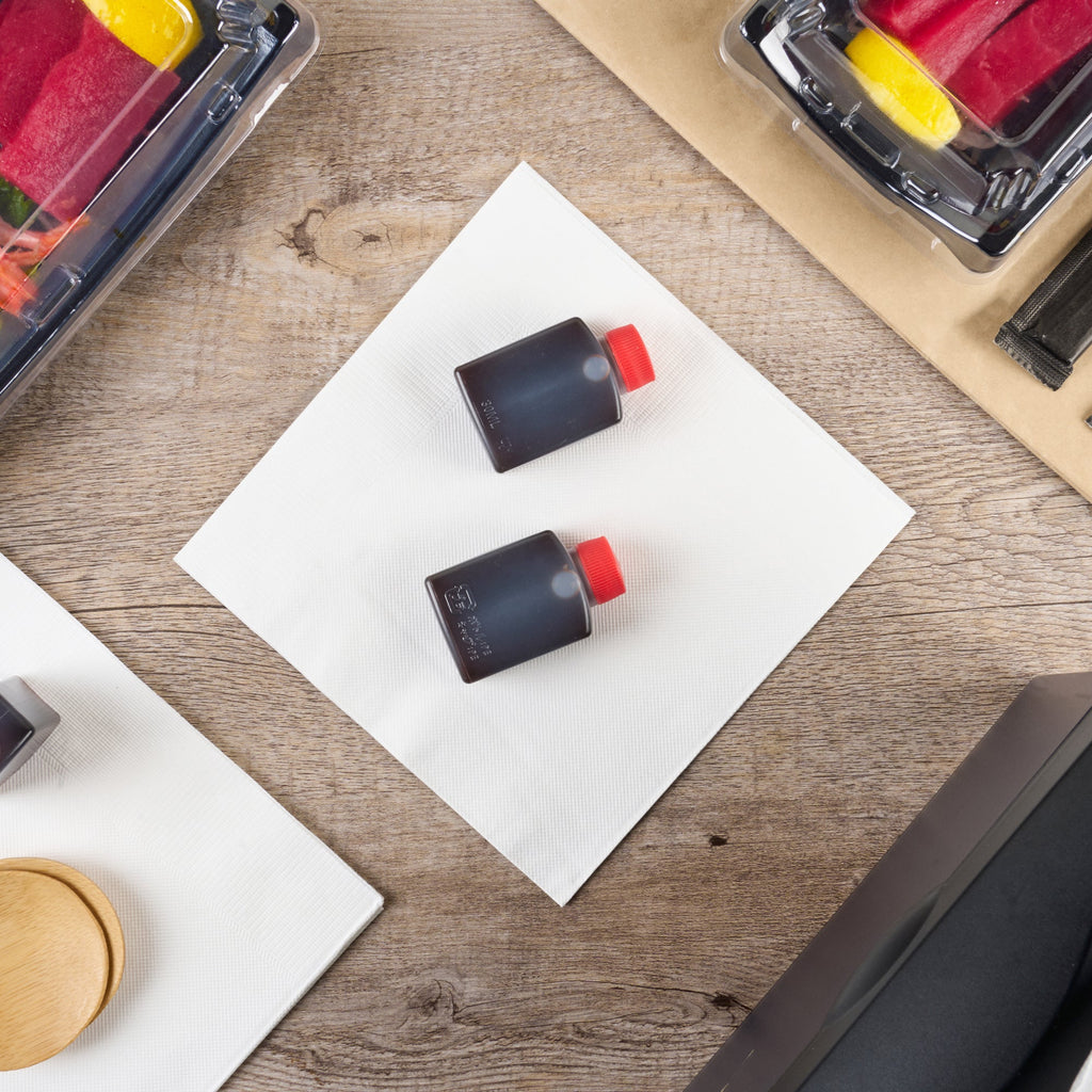 Bento Tek 1 oz Translucent Plastic Soy Sauce Bottle - with Red Cap - 1 1/2" x 3/4" x 2 1/4" - 1000 count box