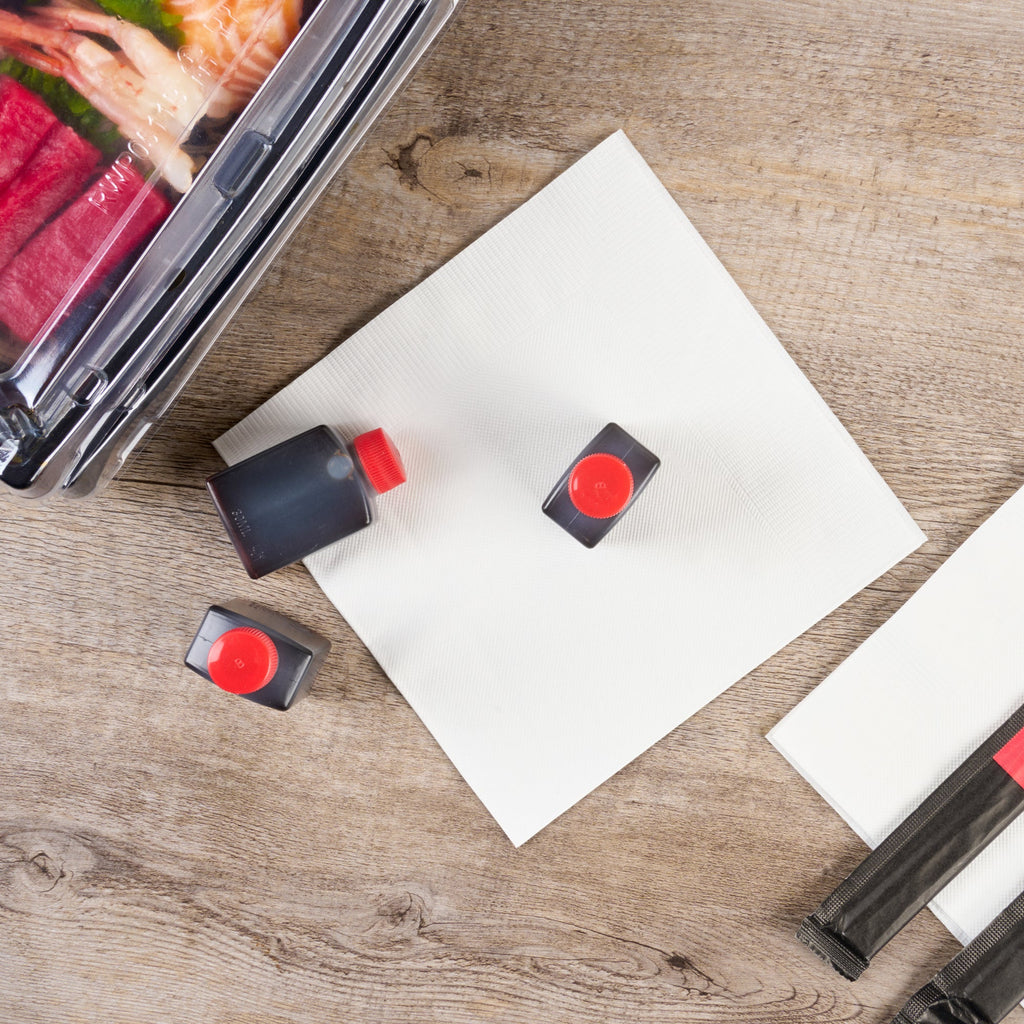 Bento Tek 1 oz Translucent Plastic Soy Sauce Bottle - with Red Cap - 1 1/2" x 3/4" x 2 1/4" - 1000 count box
