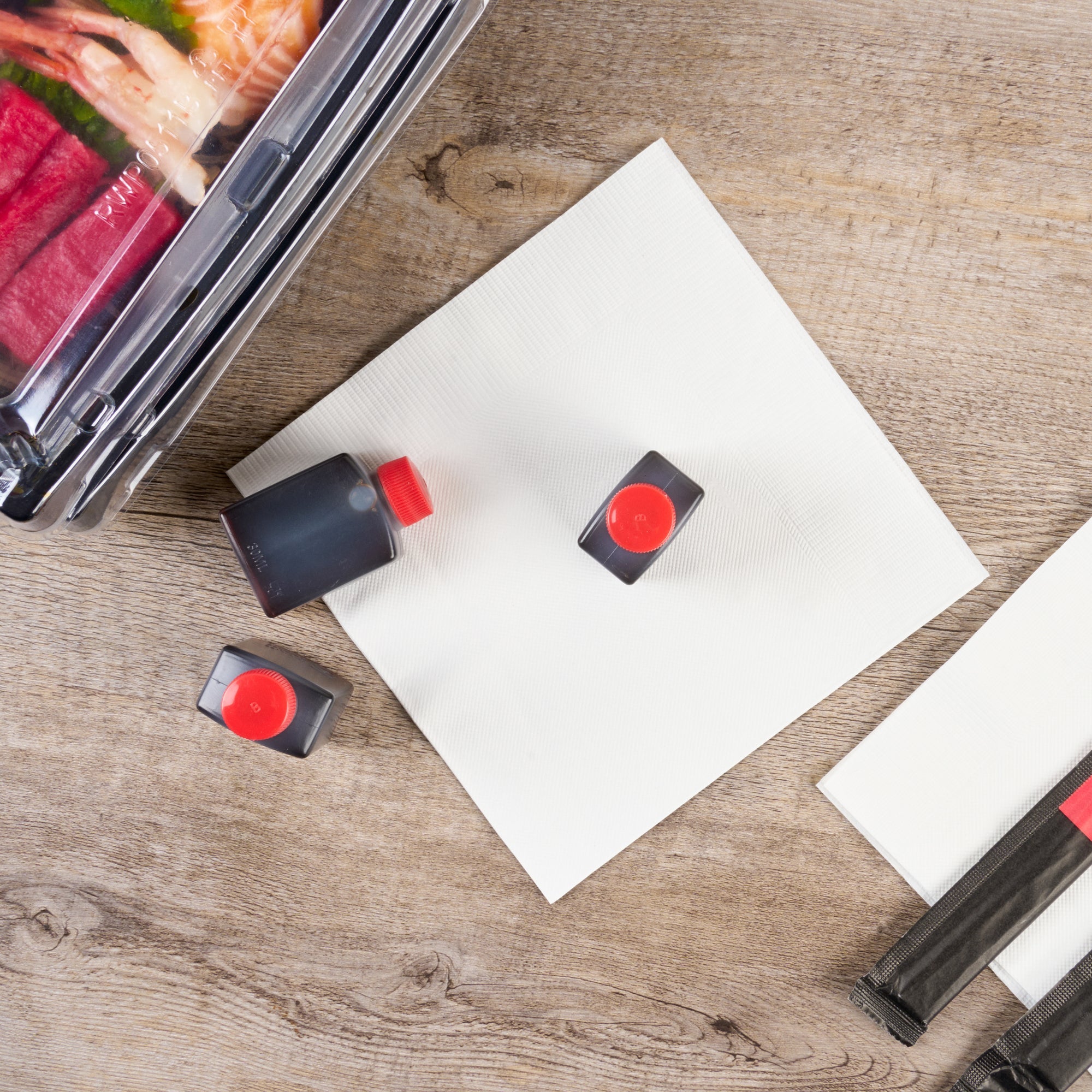 Bento Tek 1 oz Translucent Plastic Soy Sauce Bottle - with Red Cap - 1 1/2" x 3/4" x 2 1/4" - 1000 count box