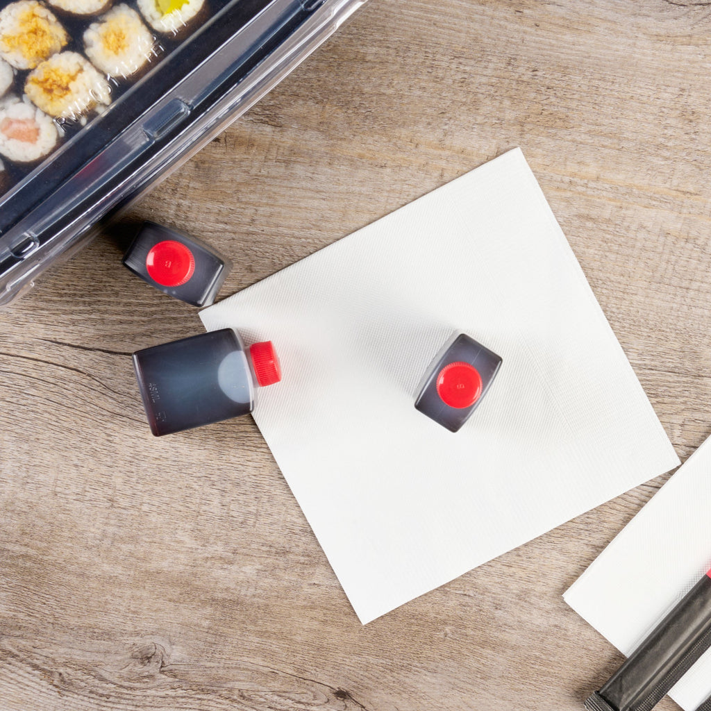 Bento Tek 2 oz Translucent Plastic Soy Sauce Bottle - with Red Cap - 1 1/2" x 1" x 2 1/2" - 100 count box