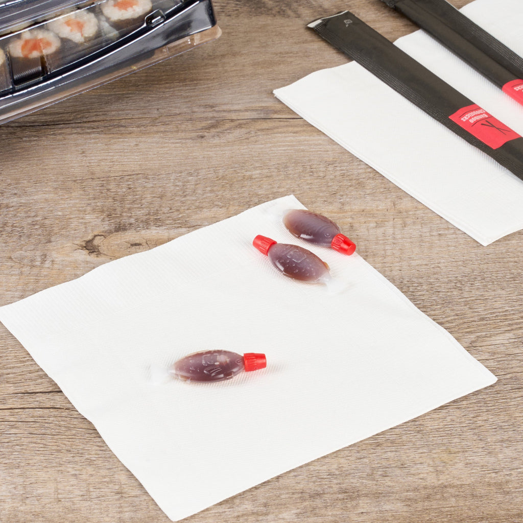 Bento Tek 3 mL Translucent Plastic Fish Soy Sauce Bottle - with Red Cap - 2 1/4" x 1/2" x 1" - 100 count box