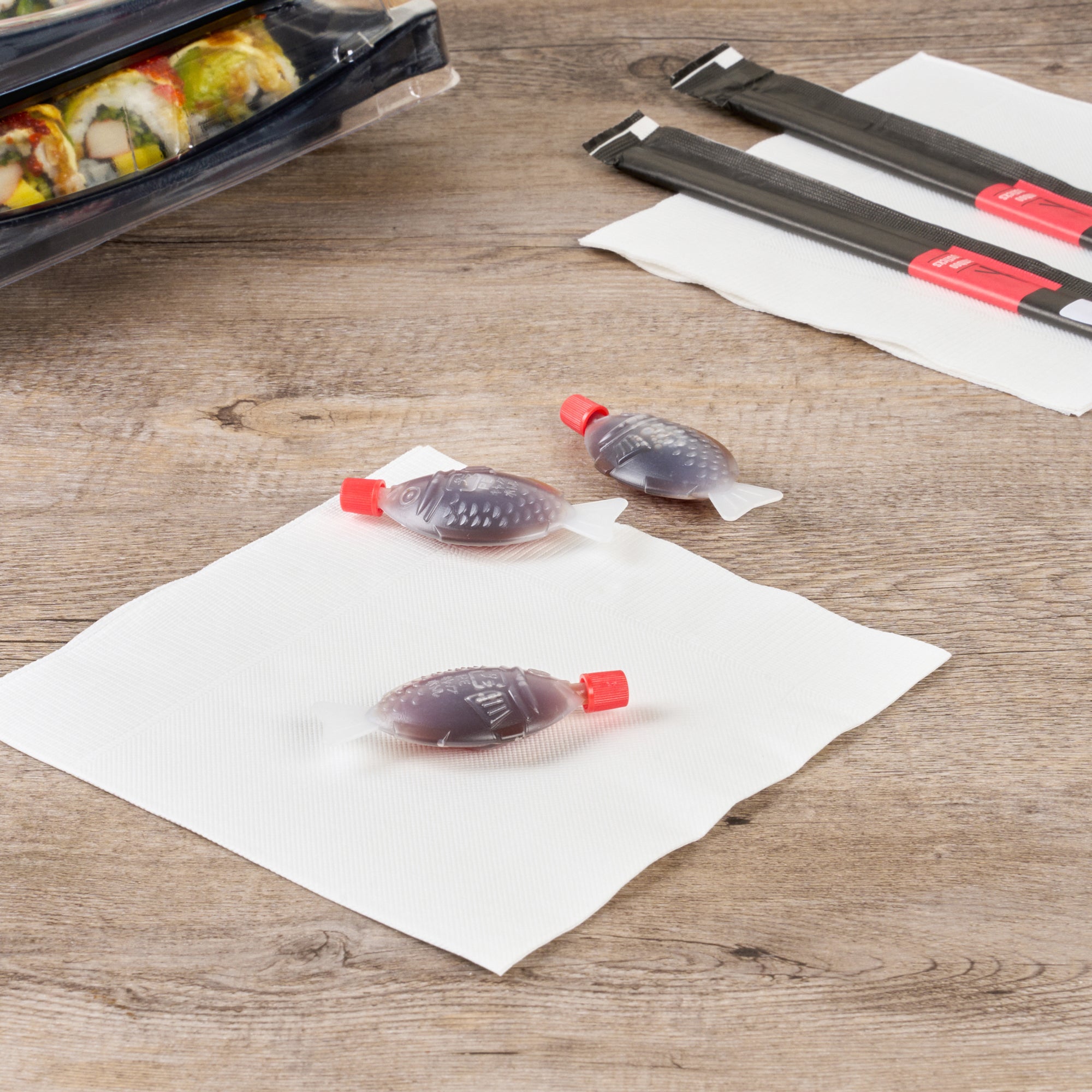 Bento Tek 8 mL Translucent Plastic Fish Soy Sauce Bottle - with Red Cap - 3" x 1/2" x 1 1/4" - 100 count box