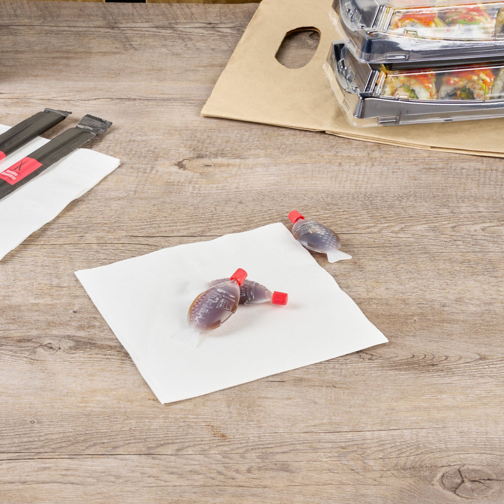 Bento Tek 8 mL Translucent Plastic Fish Soy Sauce Bottle - with Red Cap - 3" x 1/2" x 1 1/4" - 100 count box