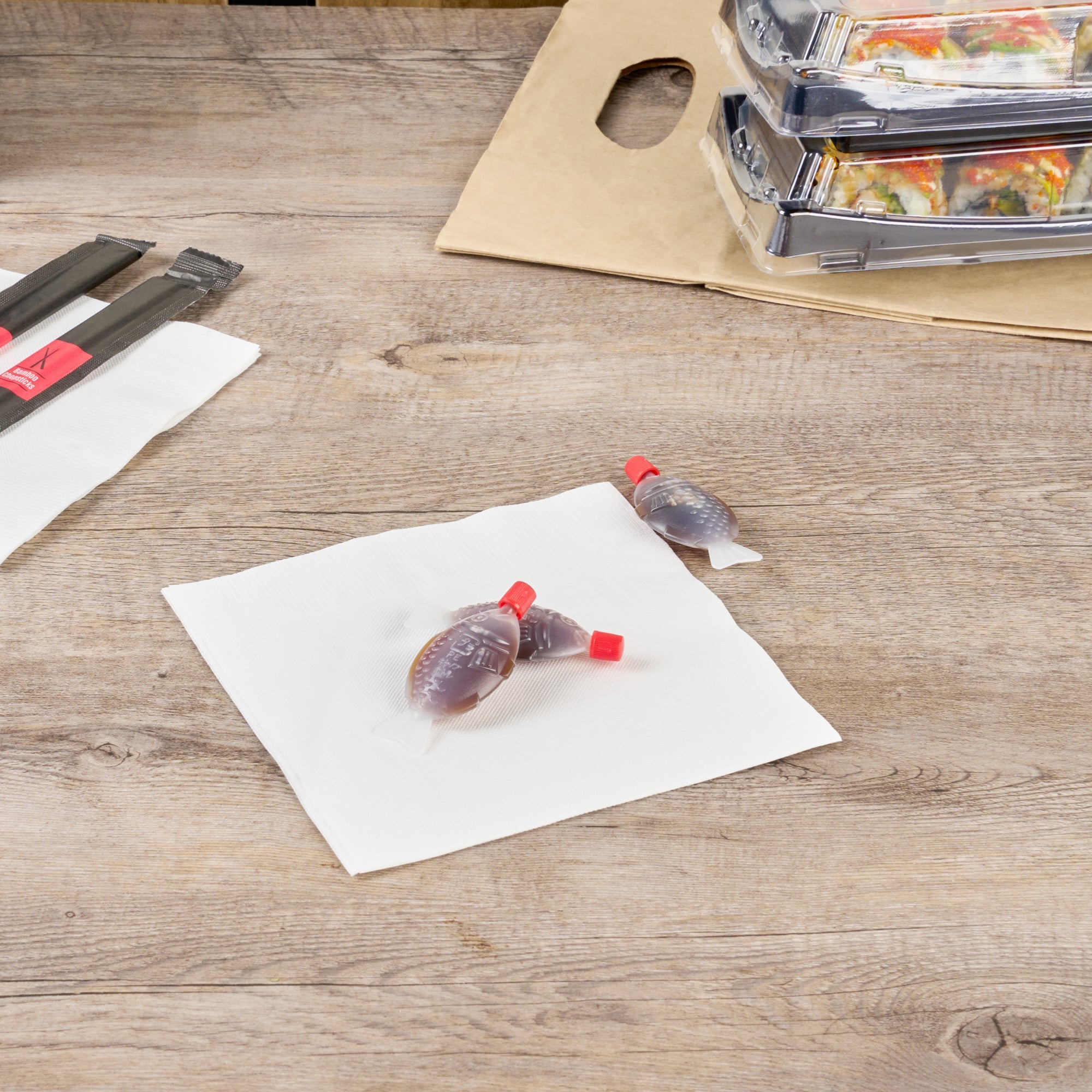 Bento Tek 8 mL Translucent Plastic Fish Soy Sauce Bottle - with Red Cap - 3" x 1/2" x 1 1/4" - 100 count box