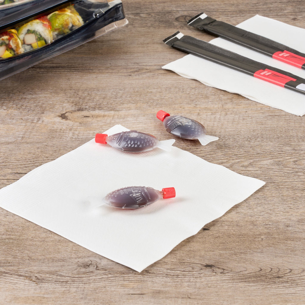 Bento Tek 8 mL Translucent Plastic Fish Soy Sauce Bottle - with Red Cap - 3" x 1/2" x 1 1/4" - 1000 count box