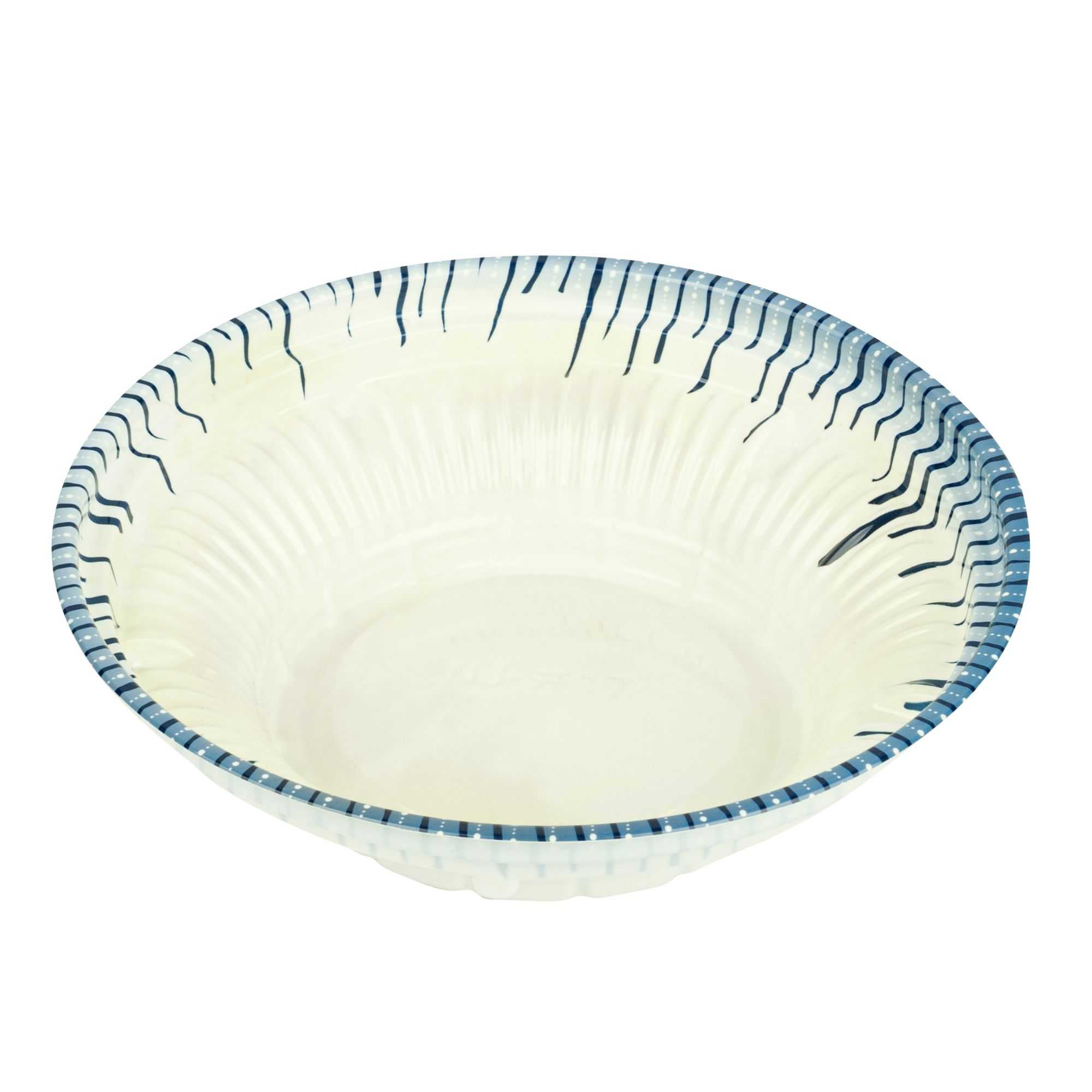Bento Tek 10 oz Round White and Blue Plastic Asian Style Bowl - 6 1/2" x 6 1/2" x 1 3/4" - 100 count box