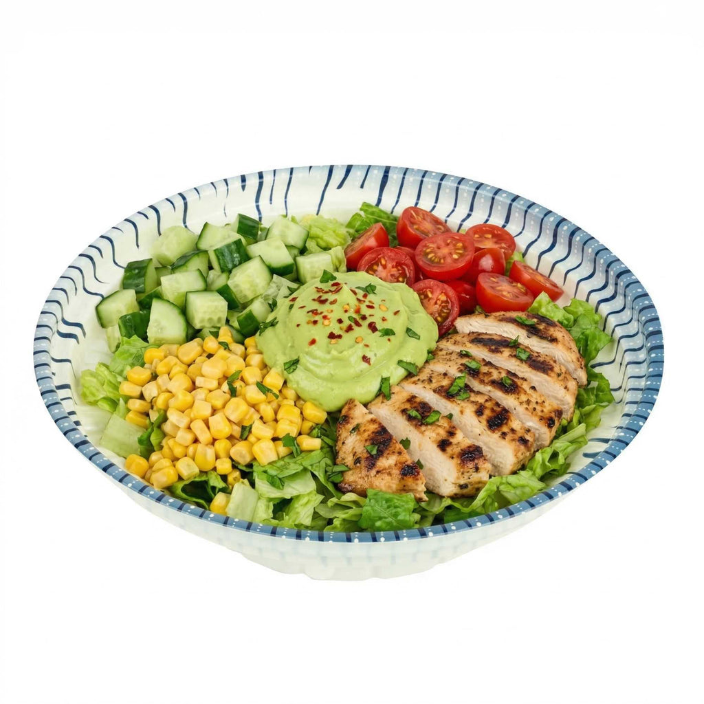 Bento Tek 10 oz Round White and Blue Plastic Asian Style Bowl - 6 1/2" x 6 1/2" x 1 3/4" - 400 count box