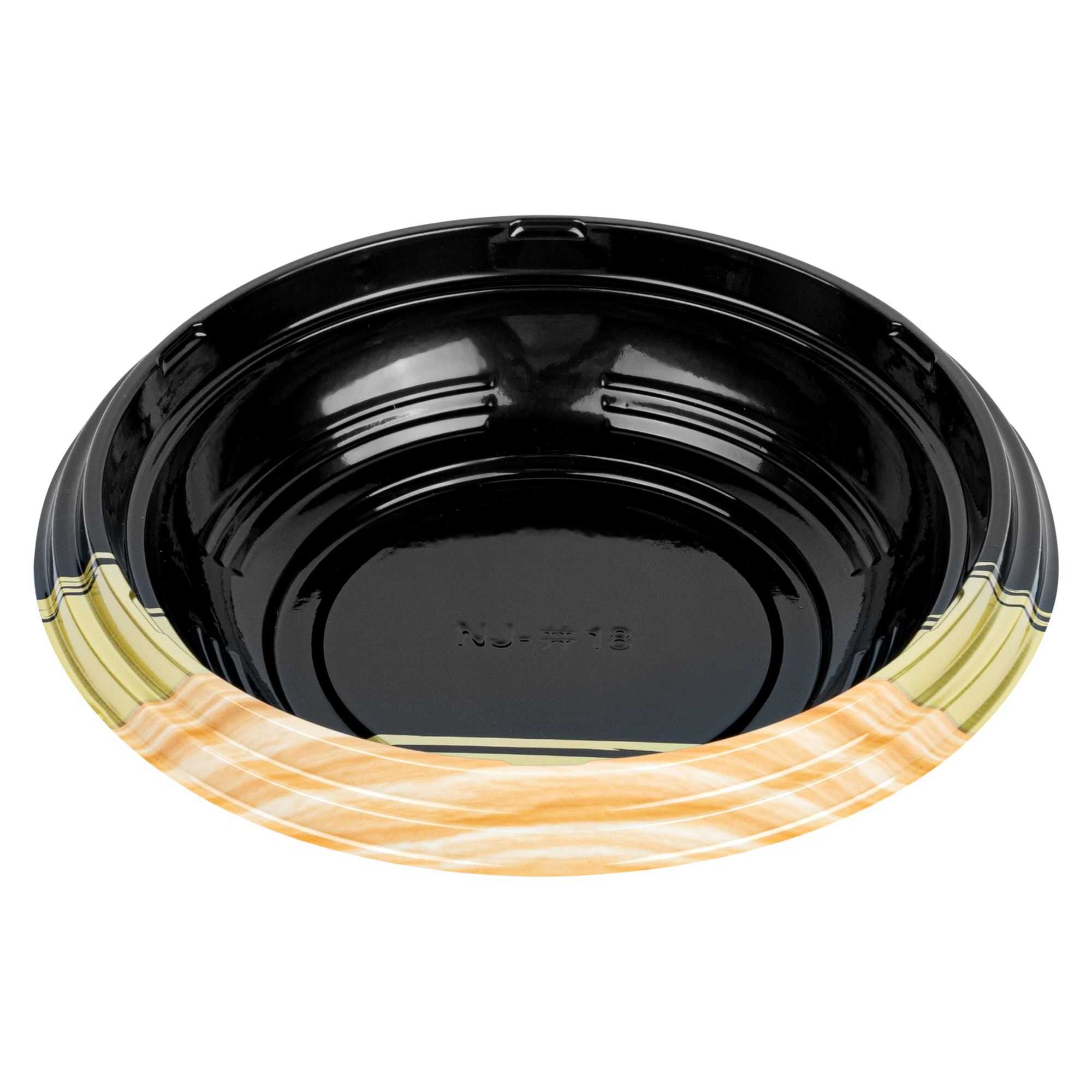 Bento Tek 14 oz Round Black and Gold Plastic Asian Style Bowl - 7" x 7" x 1 1/2" - 100 count box