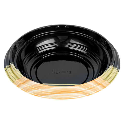 Bento Tek 14 oz Round Black and Gold Plastic Asian Style Bowl - 7" x 7" x 1 1/2" - 100 count box