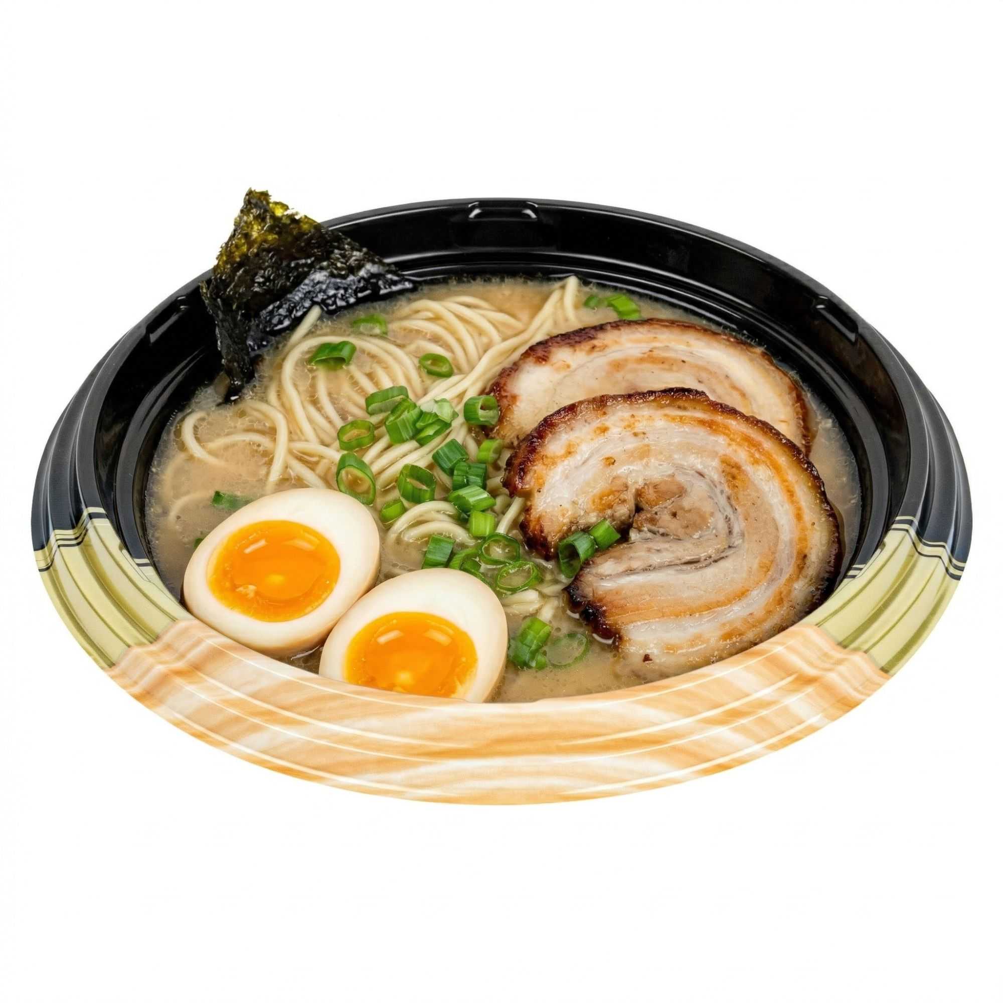 Bento Tek 14 oz Round Black and Gold Plastic Asian Style Bowl - 7" x 7" x 1 1/2" - 100 count box