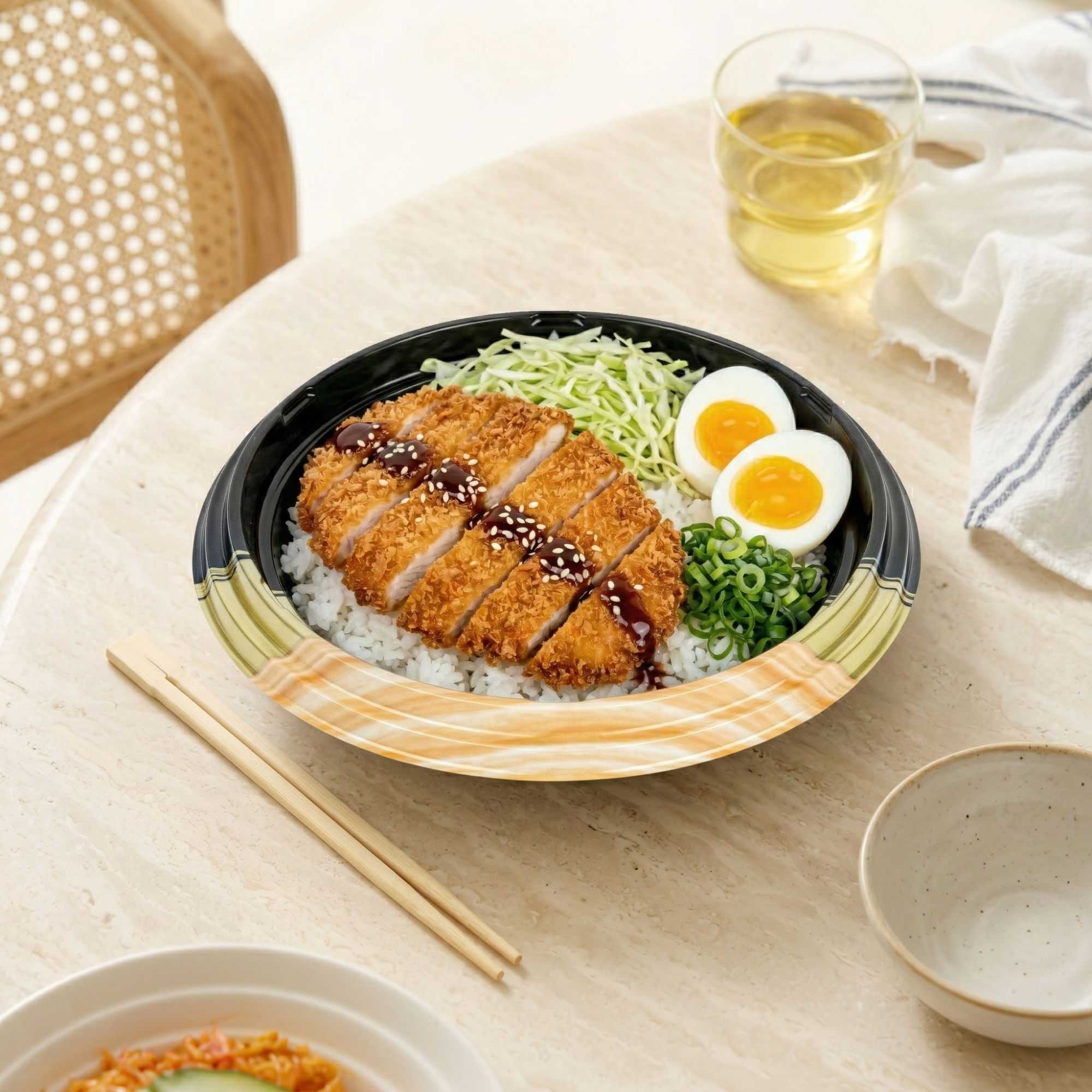 Bento Tek 14 oz Round Black and Gold Plastic Asian Style Bowl - 7" x 7" x 1 1/2" - 400 count box