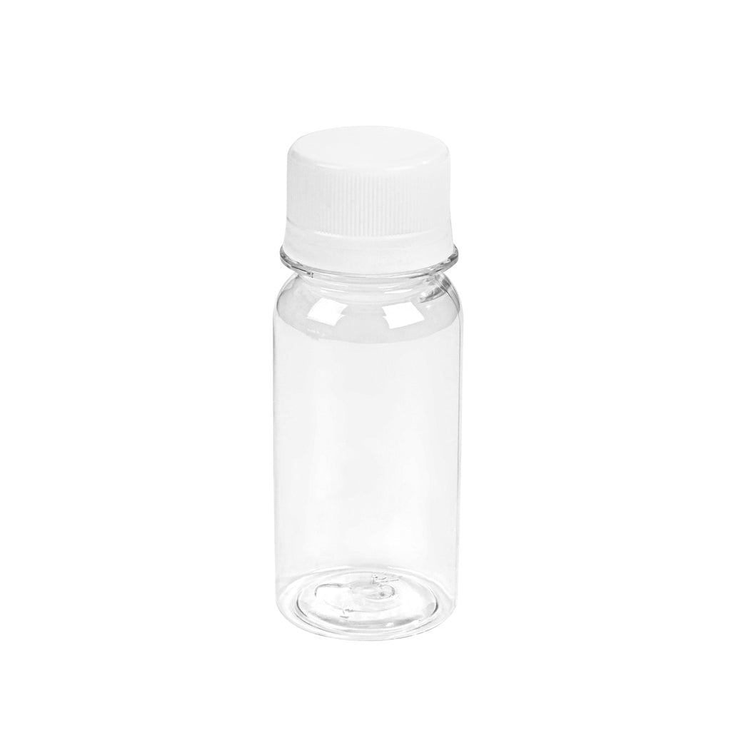Bottle Tek 2 oz Clear Plastic Energy Shot Bottle - with Safety Cap - 1 1/2" x 1 1/2" x 3 3/4" - 100 count box