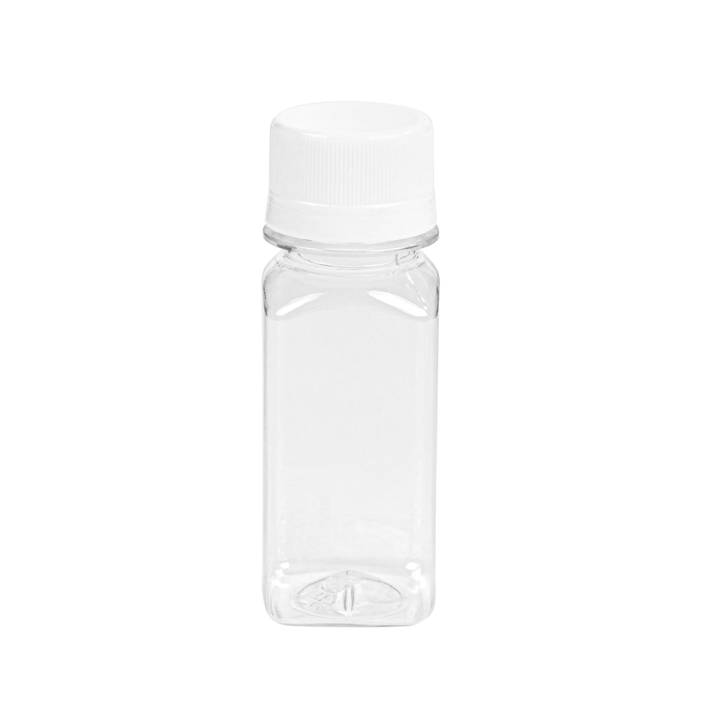 Bottle Tek 2 oz Clear Plastic Energy Shot Bottle - with Safety Cap, Straight Sided - 1 1/4" x 1 1/4" x 3 3/4" - 100 count box