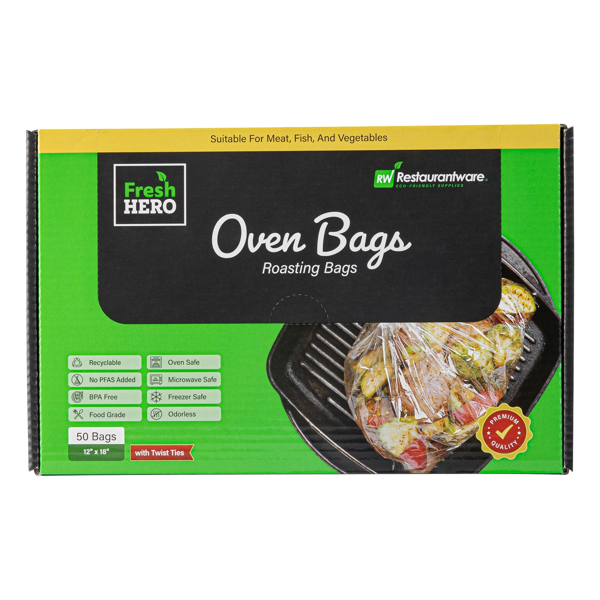 Fresh Hero Clear Nylon Oven Bag - with Ties, BPA-Free, Heavy Duty - 12" x 18" - 50 count box