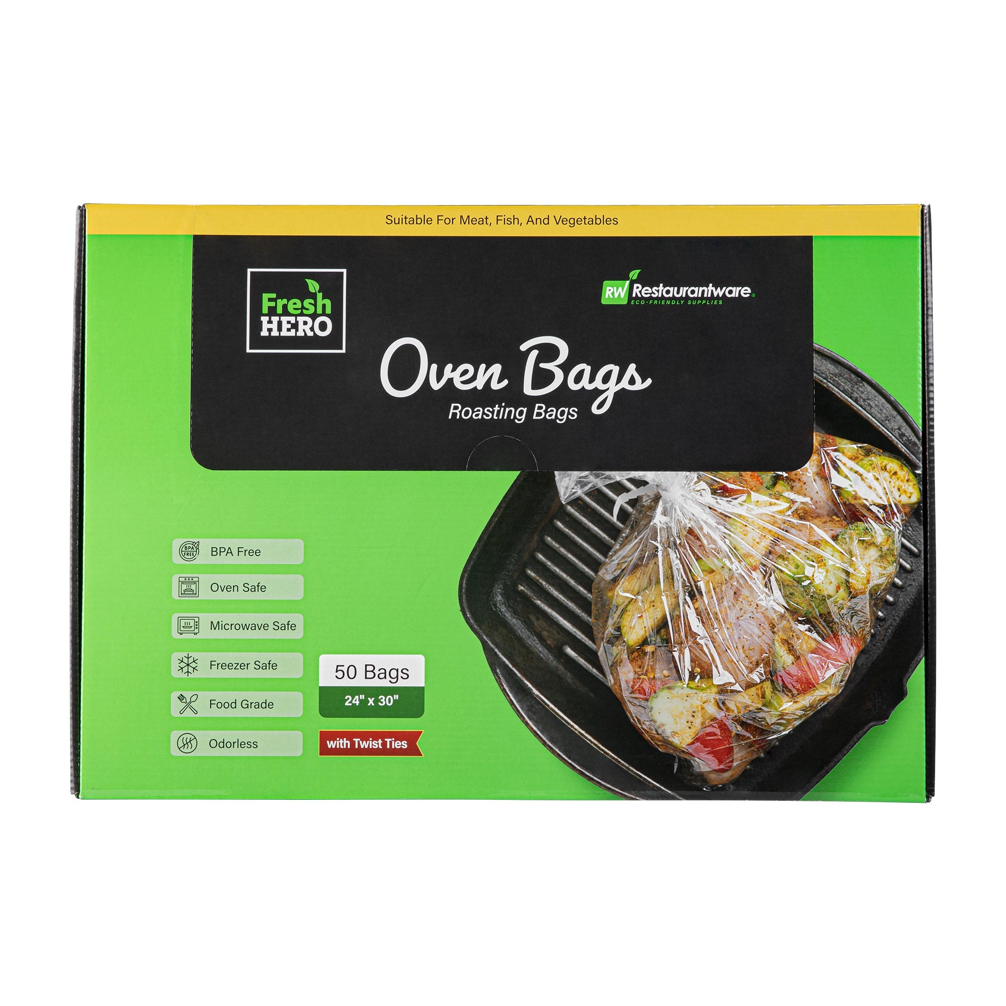 Fresh Hero Clear Nylon Oven Bag - with Ties, BPA-Free, Heavy Duty - 24" x 30" - 50 count box