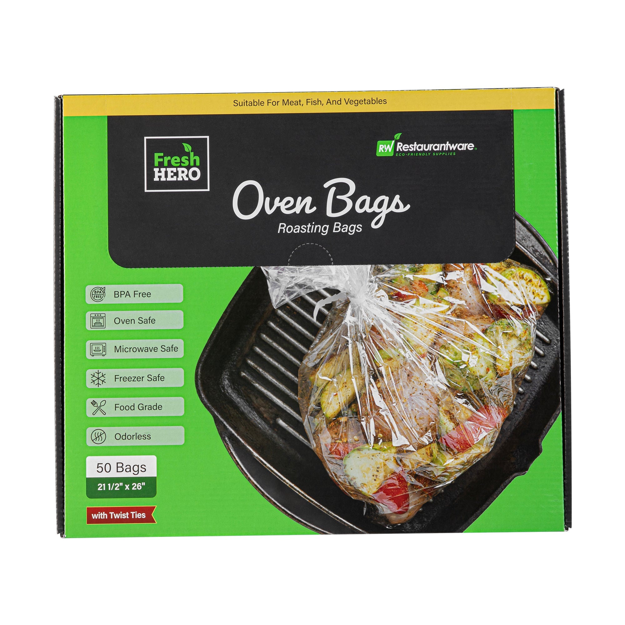 Fresh Hero Clear Nylon Oven Bag - with Ties, BPA-Free, Heavy Duty - 21 1/2" x 26" - 50 count box