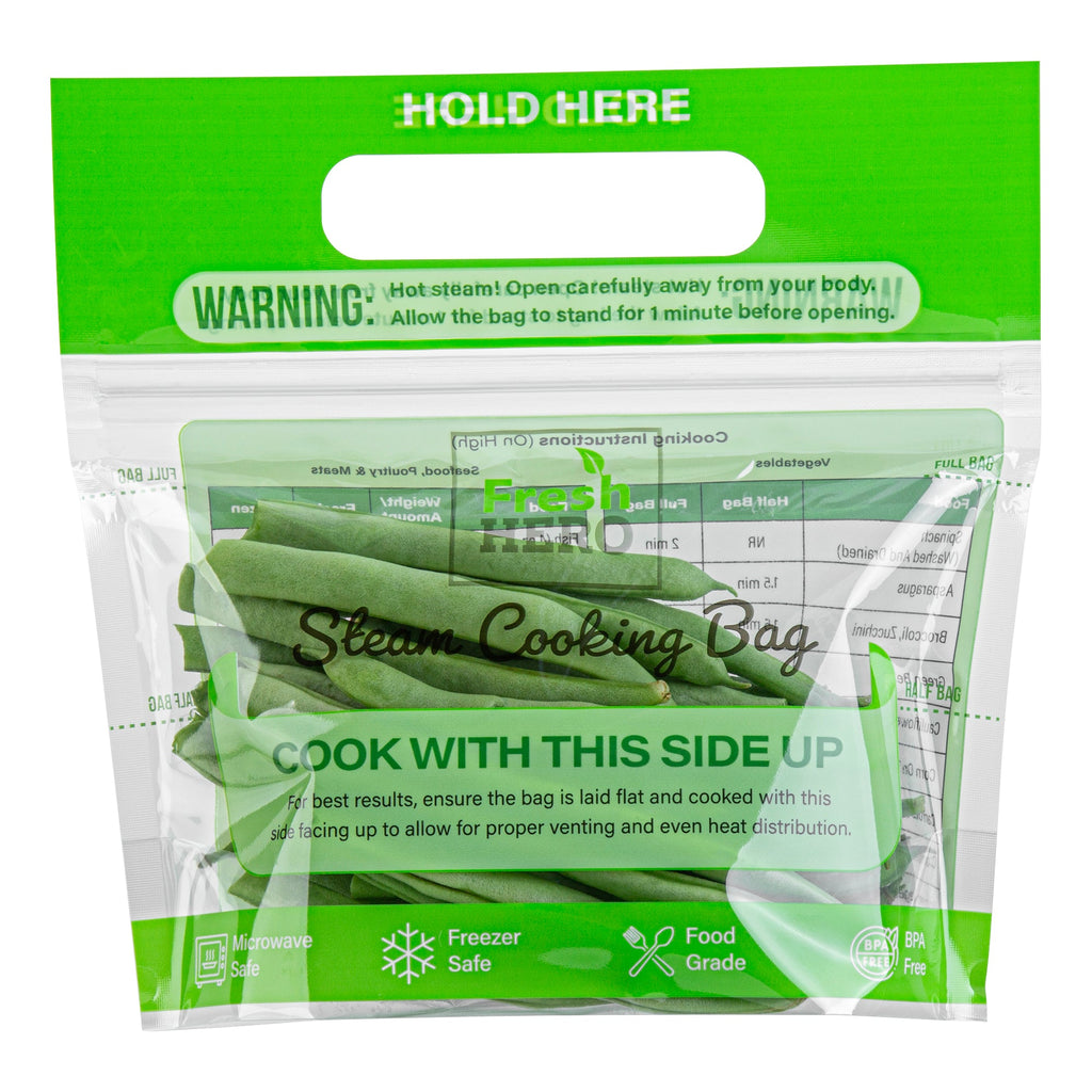 Fresh Hero Green Plastic Steam Bag - Microwave-Safe, BPA-Free - 7 1/2" x 7 1/2" - 25 count box