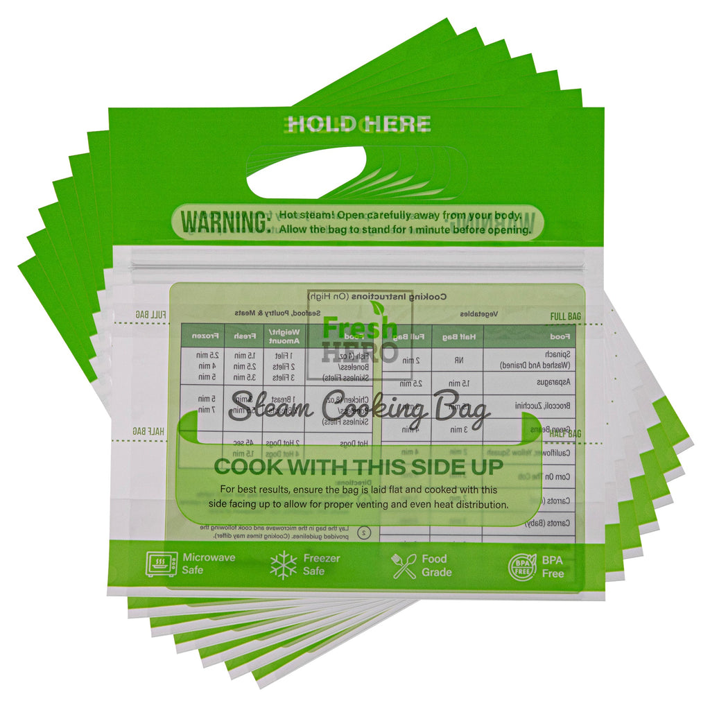 Fresh Hero Green Plastic Steam Bag - Microwave-Safe, BPA-Free - 7 1/2" x 7 1/2" - 25 count box