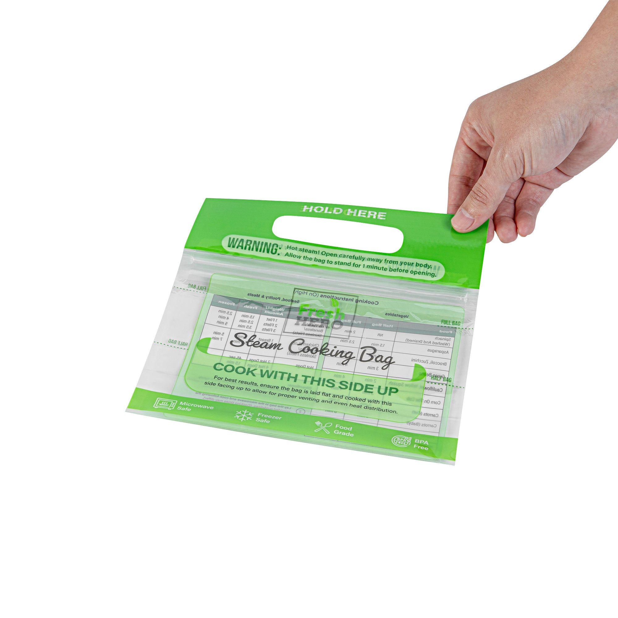 Fresh Hero Green Plastic Steam Bag - Microwave-Safe, BPA-Free - 7 1/2" x 7 1/2" - 500 count box