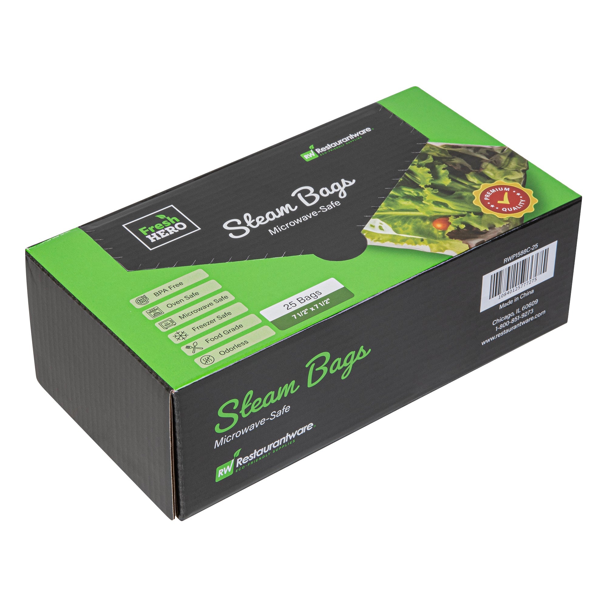 Fresh Hero Green Plastic Steam Bag - Microwave-Safe, BPA-Free - 7 1/2" x 7 1/2" - 500 count box