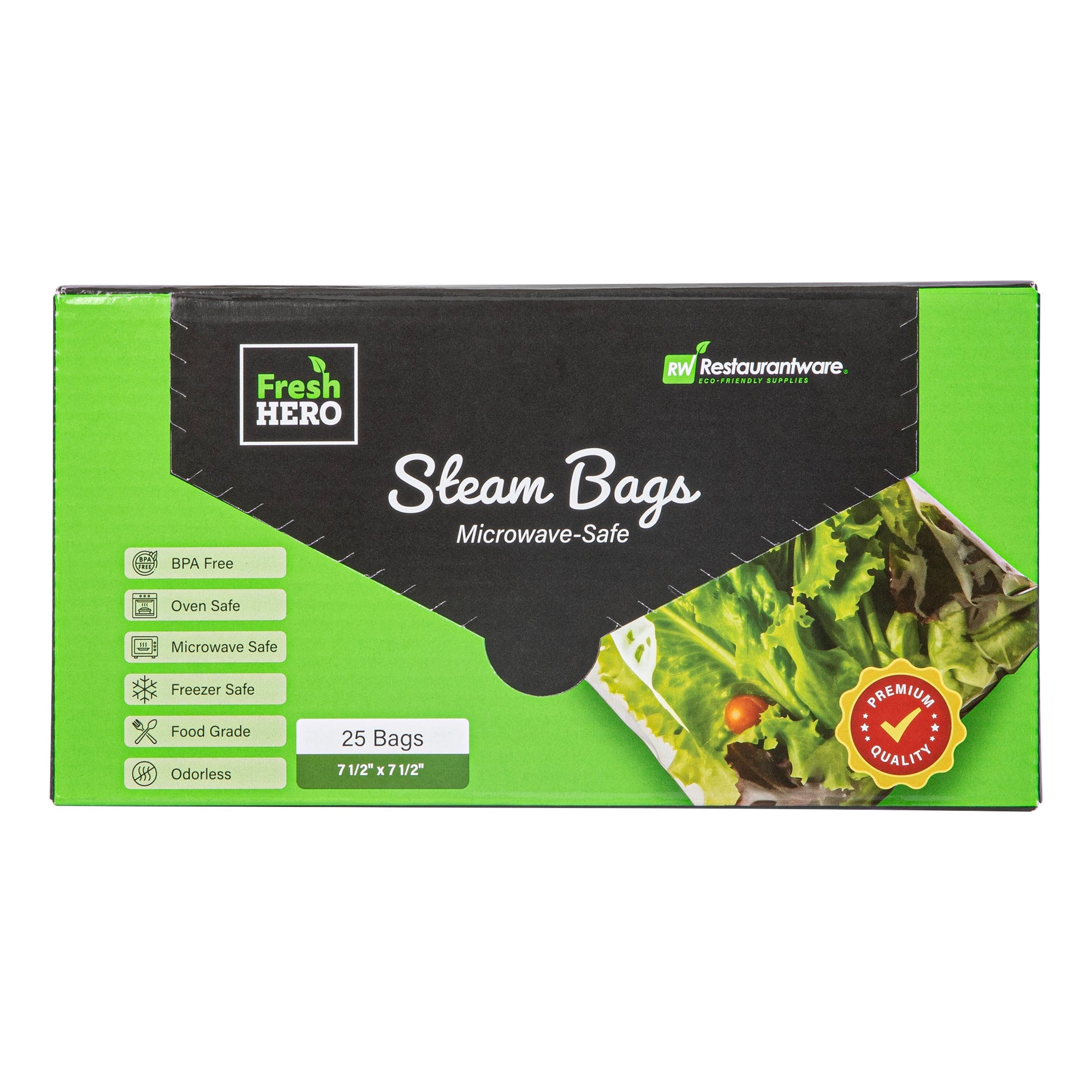 Fresh Hero Green Plastic Steam Bag - Microwave-Safe, BPA-Free - 7 1/2" x 7 1/2" - 500 count box