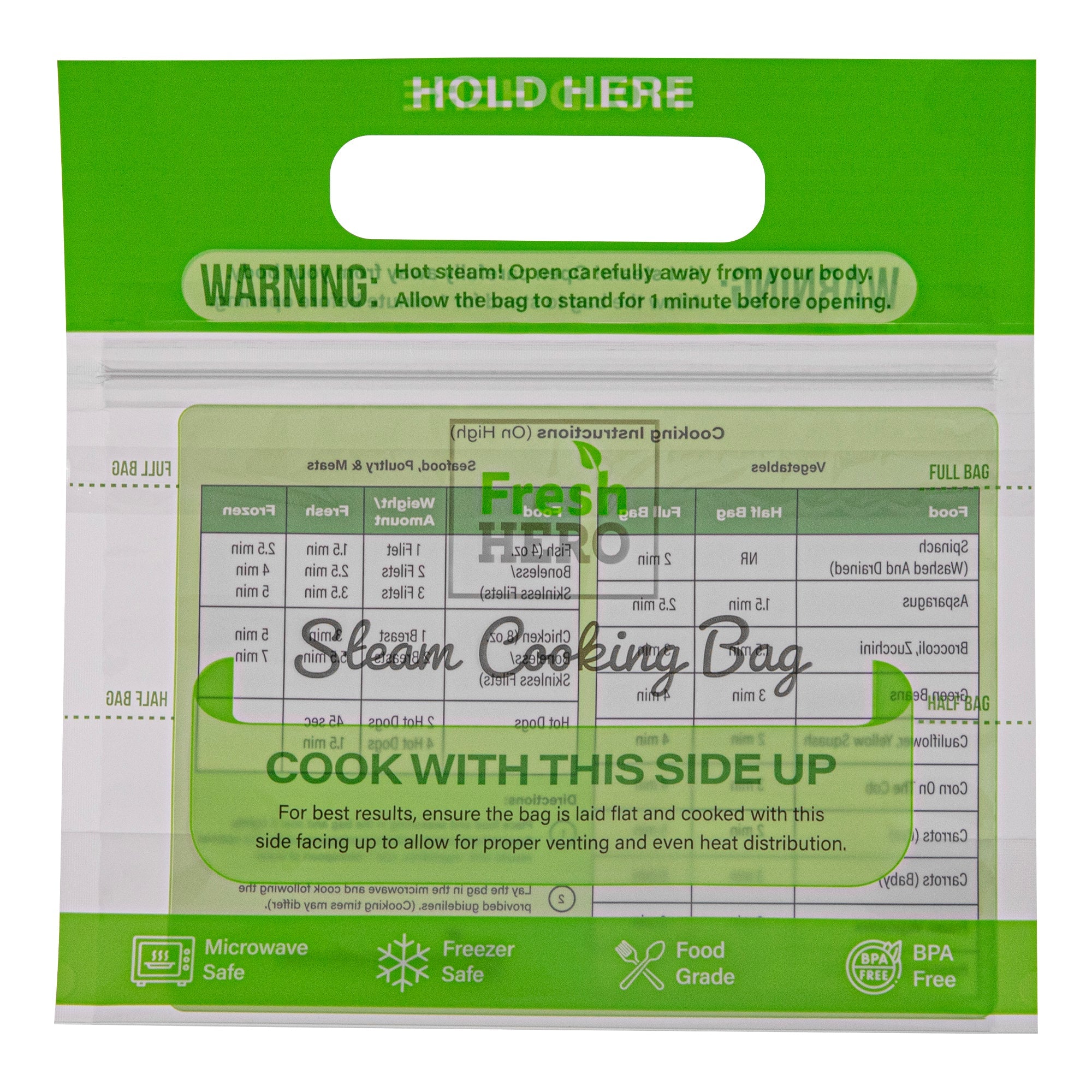 Fresh Hero Green Plastic Steam Bag - Microwave-Safe, BPA-Free - 7 1/2" x 7 1/2" - 500 count box