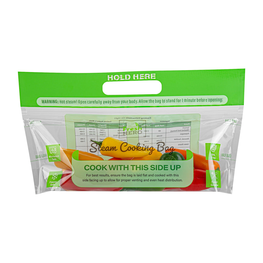 Fresh Hero Green Plastic Steam Bag - Microwave-Safe, BPA-Free - 12 3/4" x 7 1/2" - 25 count box
