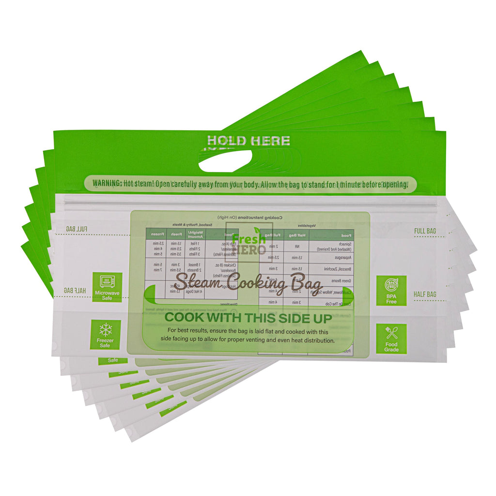 Fresh Hero Green Plastic Steam Bag - Microwave-Safe, BPA-Free - 12 3/4" x 7 1/2" - 25 count box
