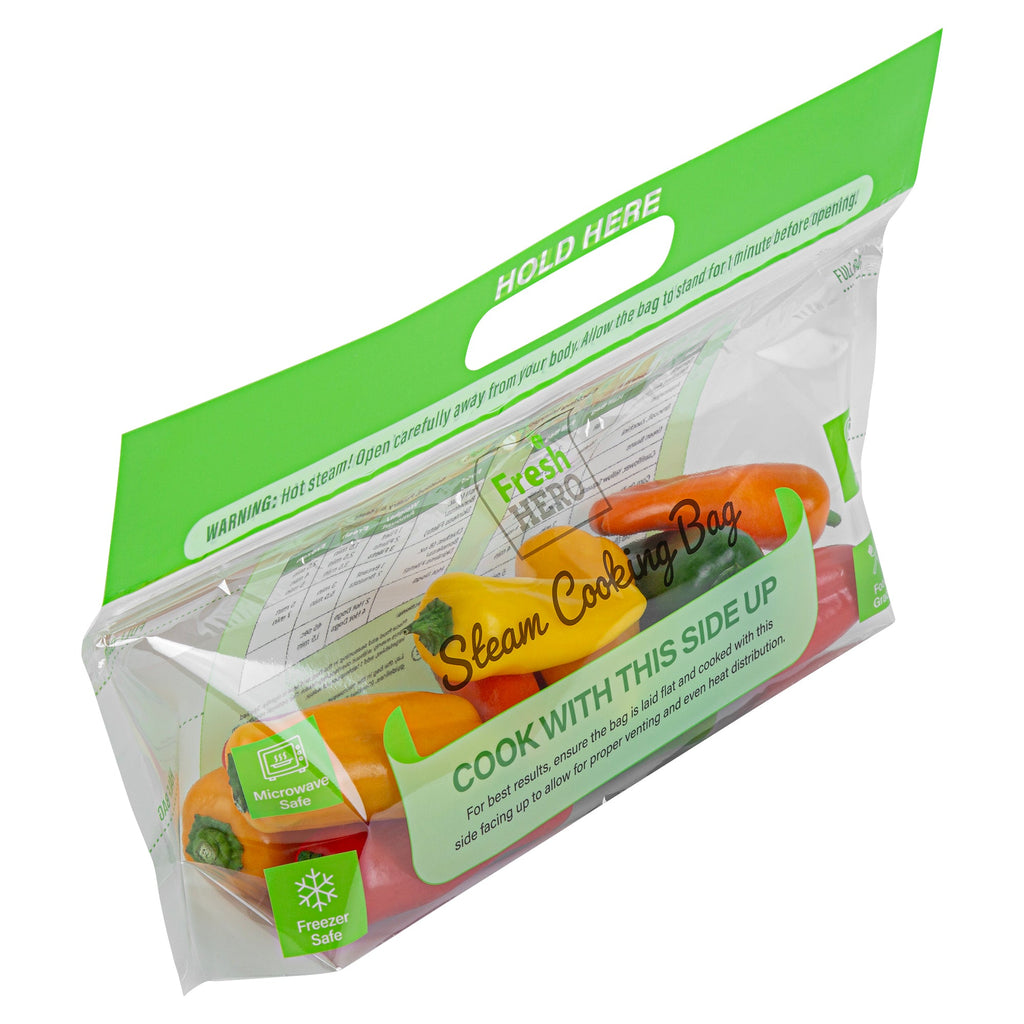Fresh Hero Green Plastic Steam Bag - Microwave-Safe, BPA-Free - 12 3/4" x 7 1/2" - 25 count box
