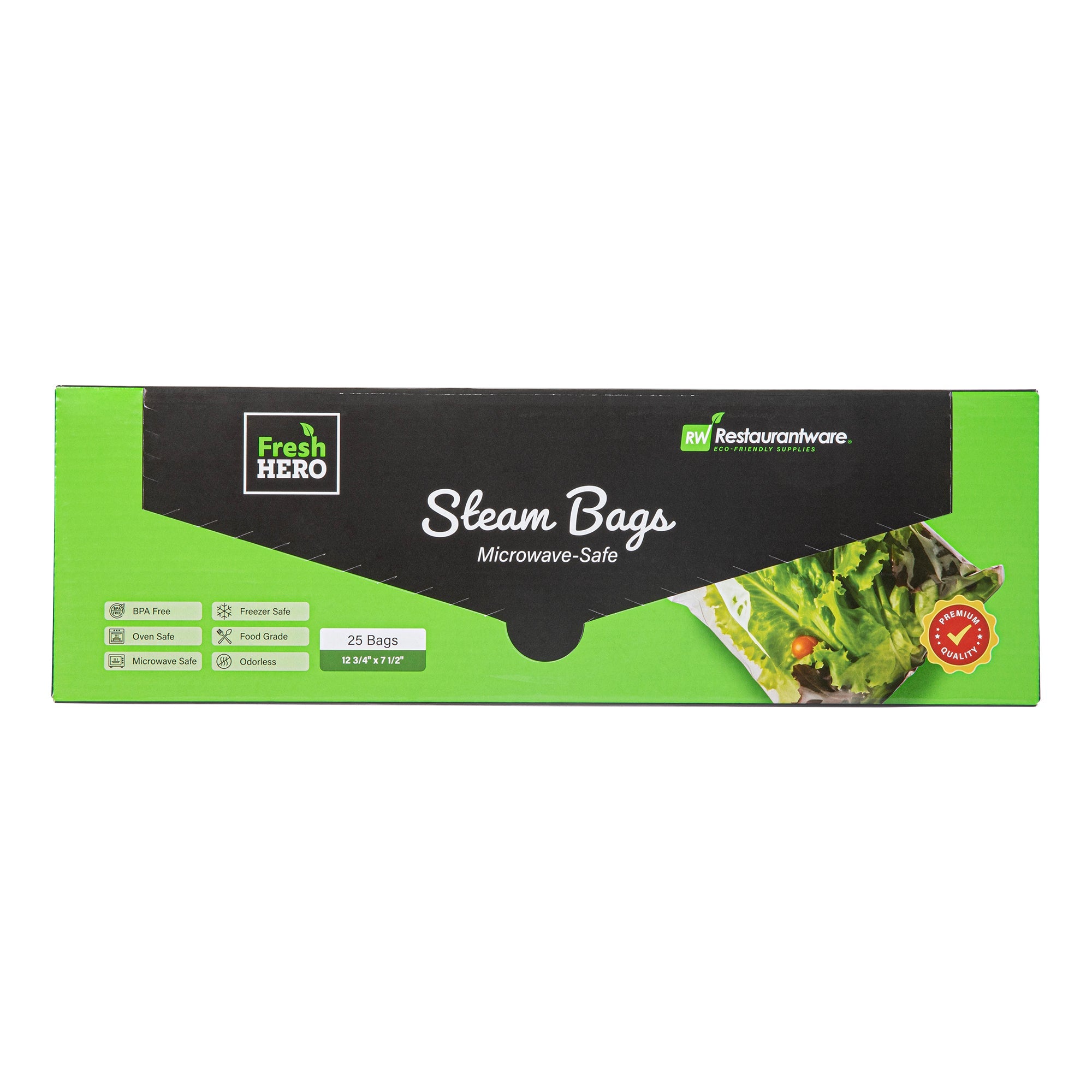 Fresh Hero Green Plastic Steam Bag - Microwave-Safe, BPA-Free - 12 3/4" x 7 1/2" - 25 count box