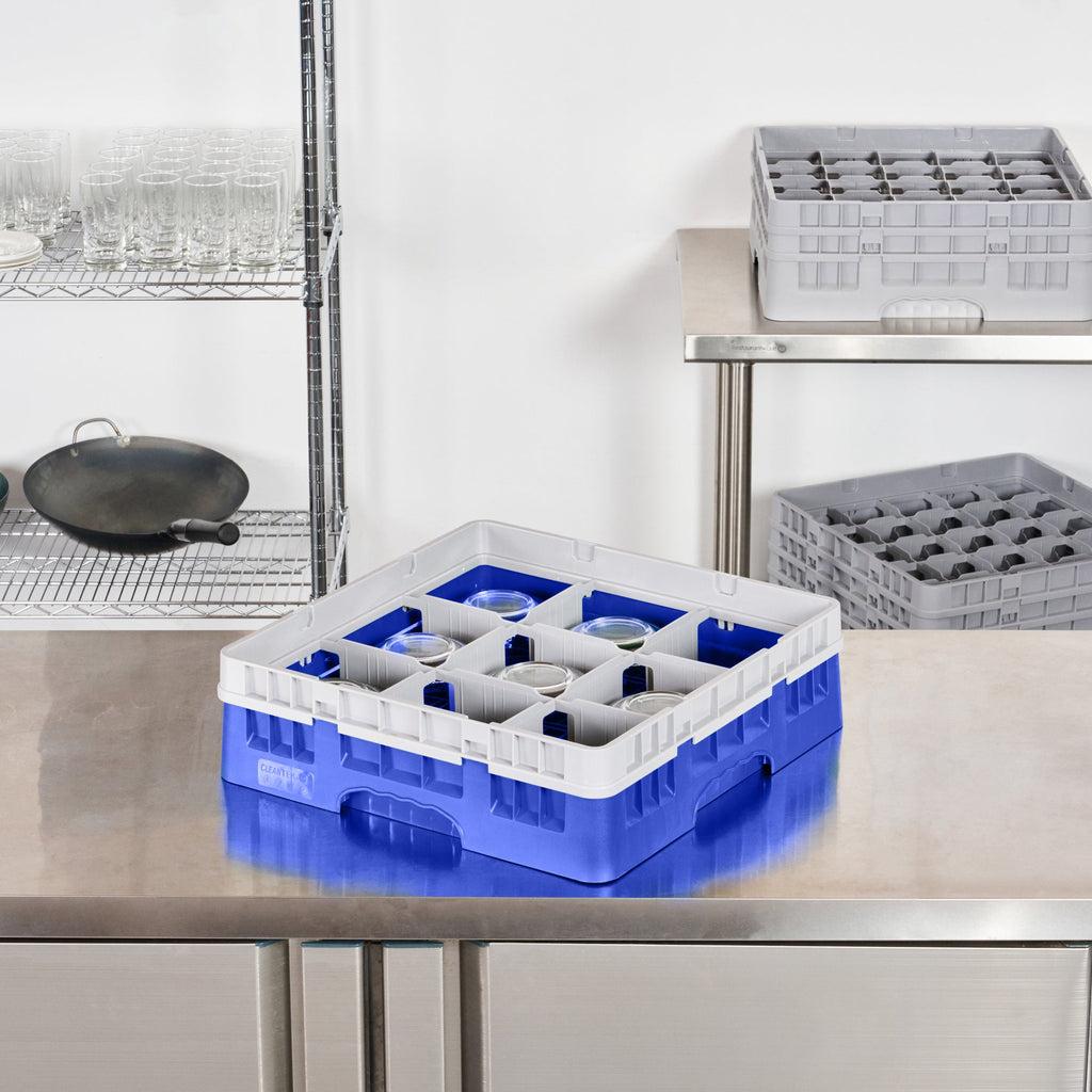 Clean Tek Professional Blue Glass Rack - 9 Compartments, 1 Full Drop Extender - 19 3/4" x 19 3/4" x 5 3/4" - 1 count box
