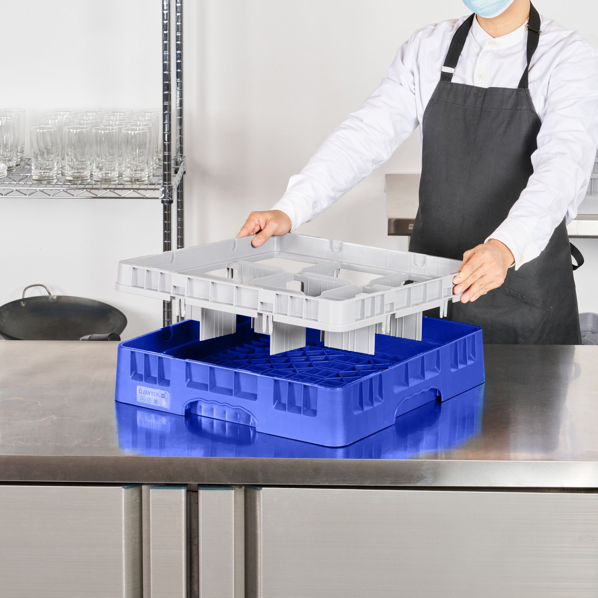 Clean Tek Professional Blue Glass Rack - 9 Compartments, 1 Full Drop Extender - 19 3/4" x 19 3/4" x 5 3/4" - 1 count box