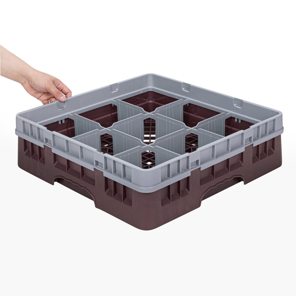 Clean Tek Professional Brown Glass Rack - 9 Compartments, 1 Full Drop Extender - 19 3/4" x 19 3/4" x 5 3/4" - 1 count box