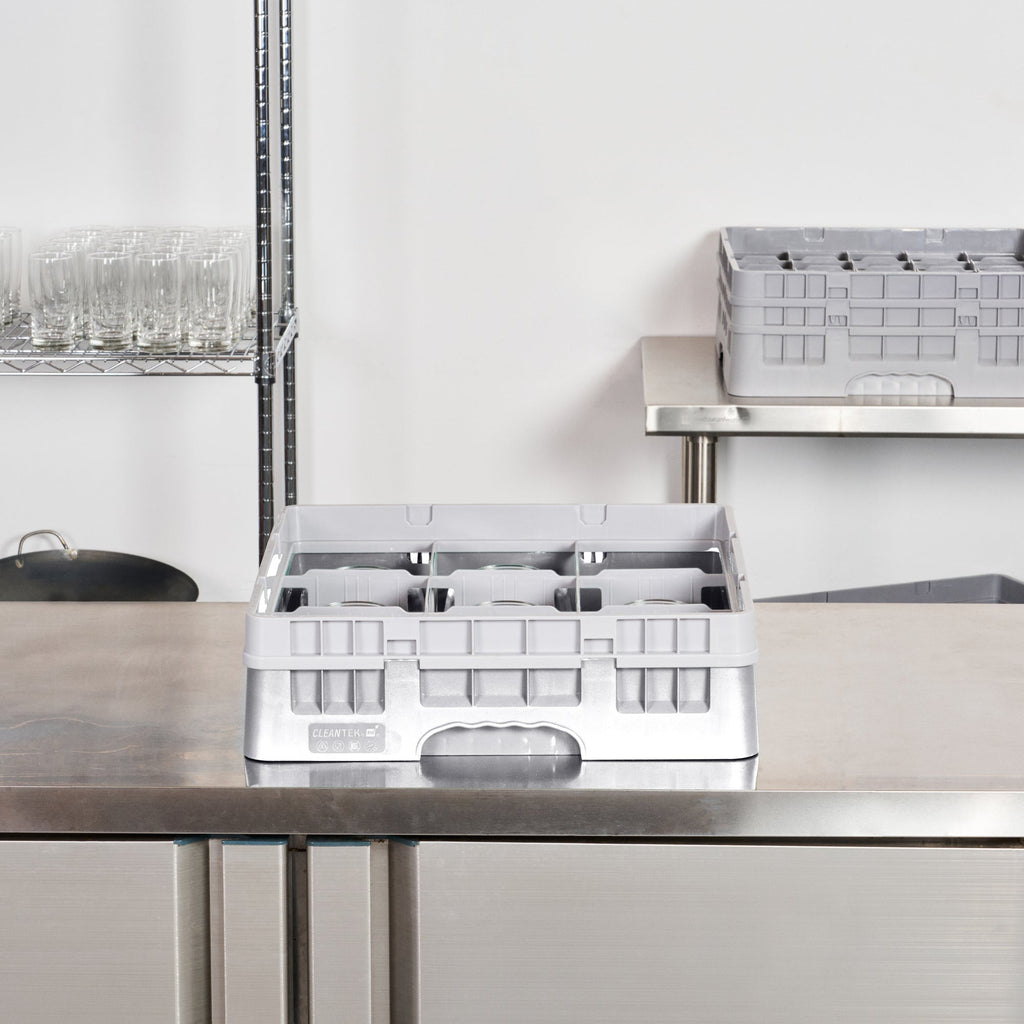 Clean Tek Professional Gray Glass Rack - 9 Compartments, 1 Full Drop Extender - 19 3/4" x 19 3/4" x 5 3/4" - 1 count box