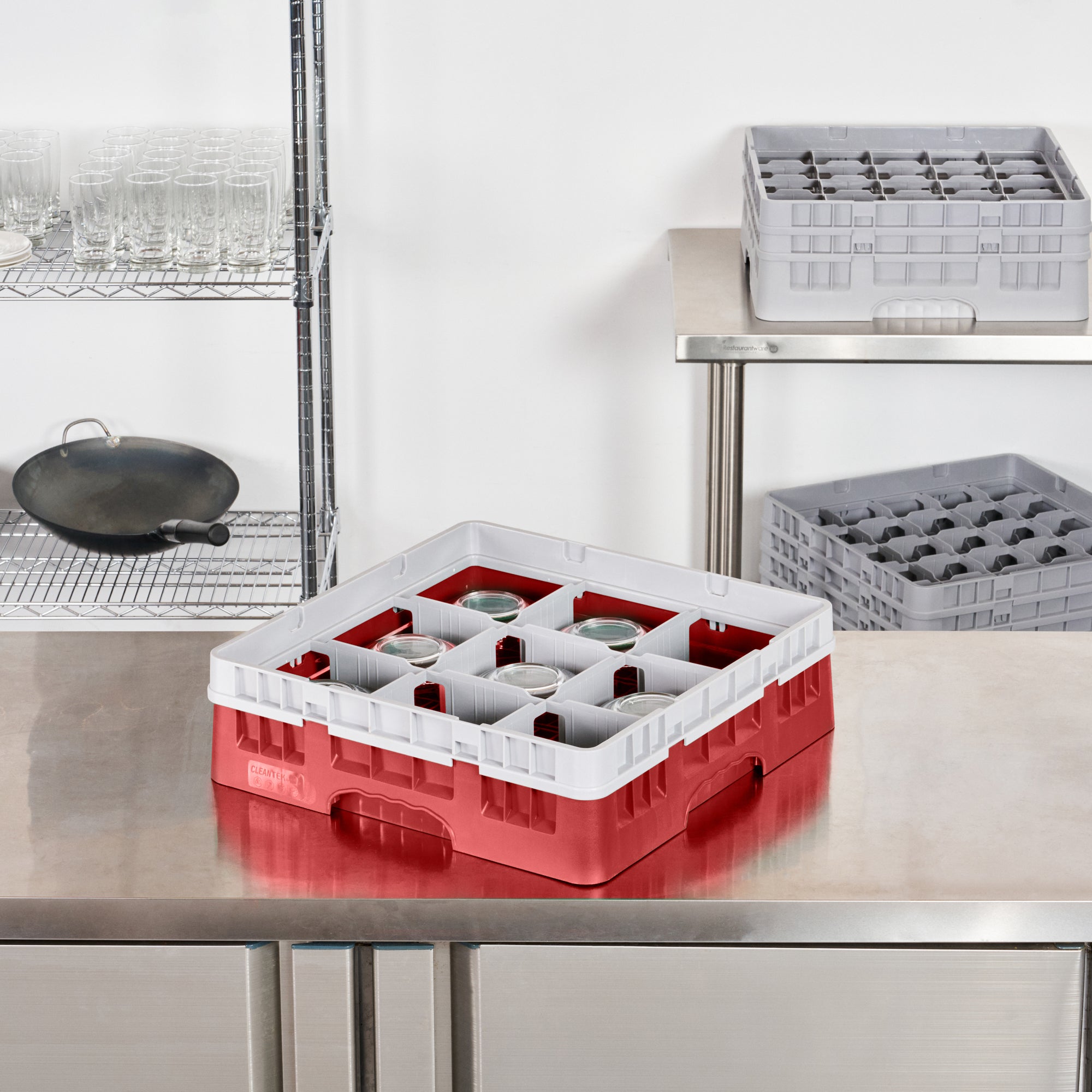 Clean Tek Professional Red Glass Rack - 9 Compartments, 1 Full Drop Extender - 19 3/4" x 19 3/4" x 5 3/4" - 1 count box