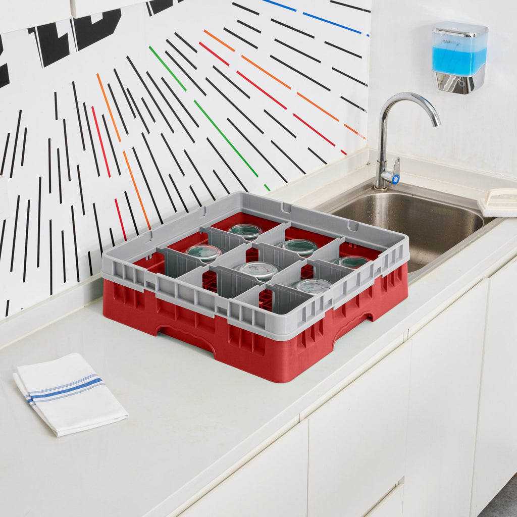 Clean Tek Professional Red Glass Rack - 9 Compartments, 1 Full Drop Extender - 19 3/4" x 19 3/4" x 5 3/4" - 1 count box