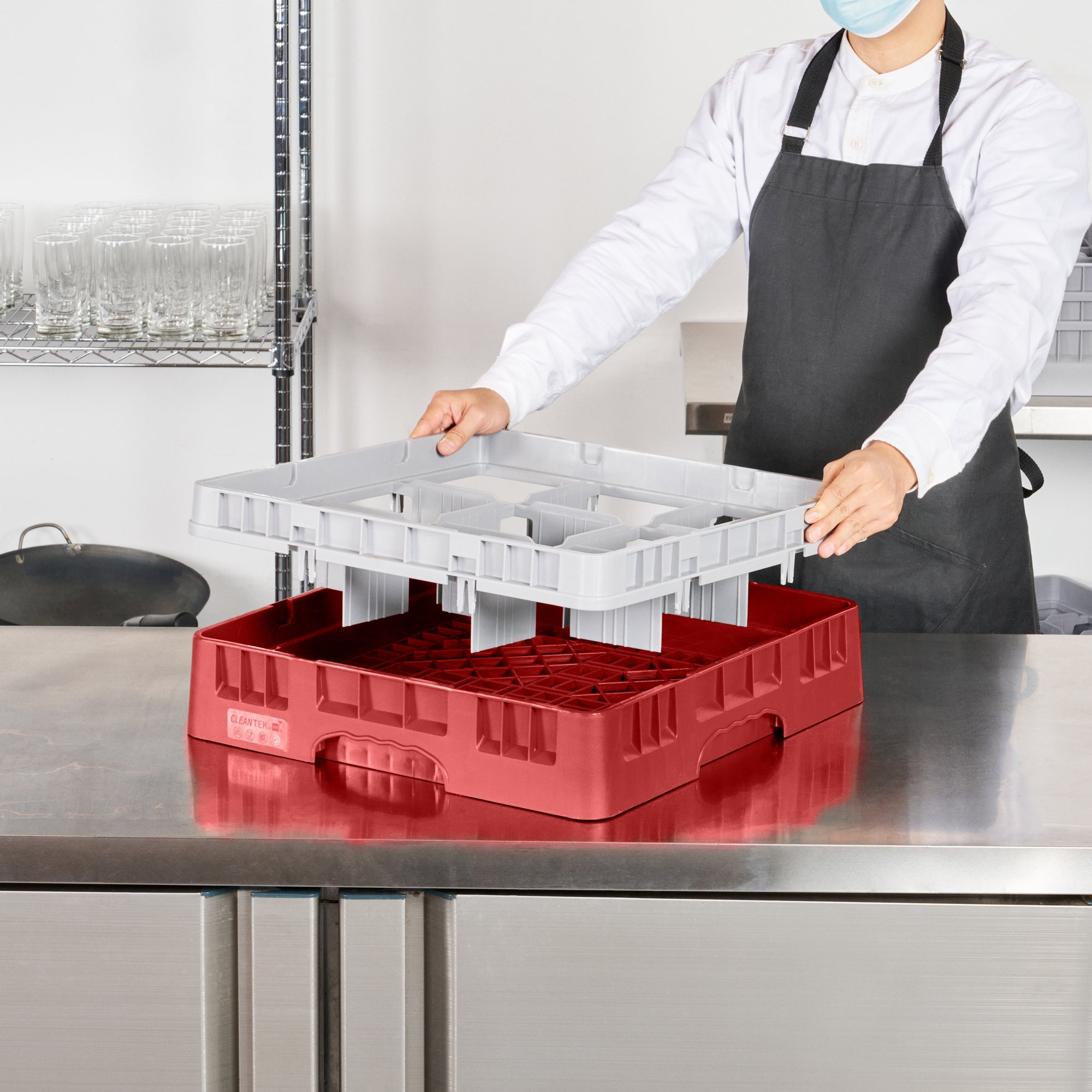 Clean Tek Professional Red Glass Rack - 9 Compartments, 1 Full Drop Extender - 19 3/4" x 19 3/4" x 5 3/4" - 1 count box