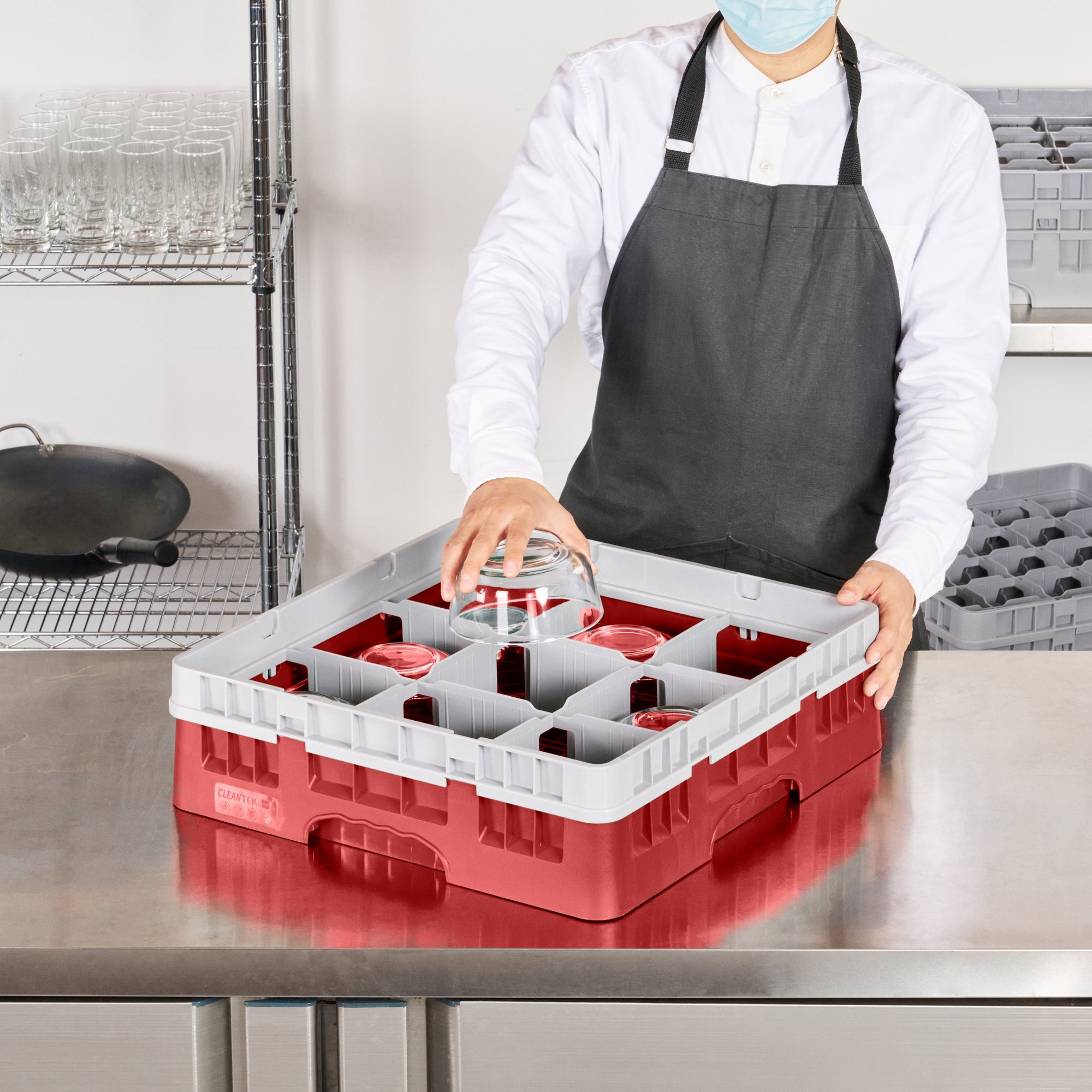 Clean Tek Professional Red Glass Rack - 9 Compartments, 1 Full Drop Extender - 19 3/4" x 19 3/4" x 5 3/4" - 1 count box