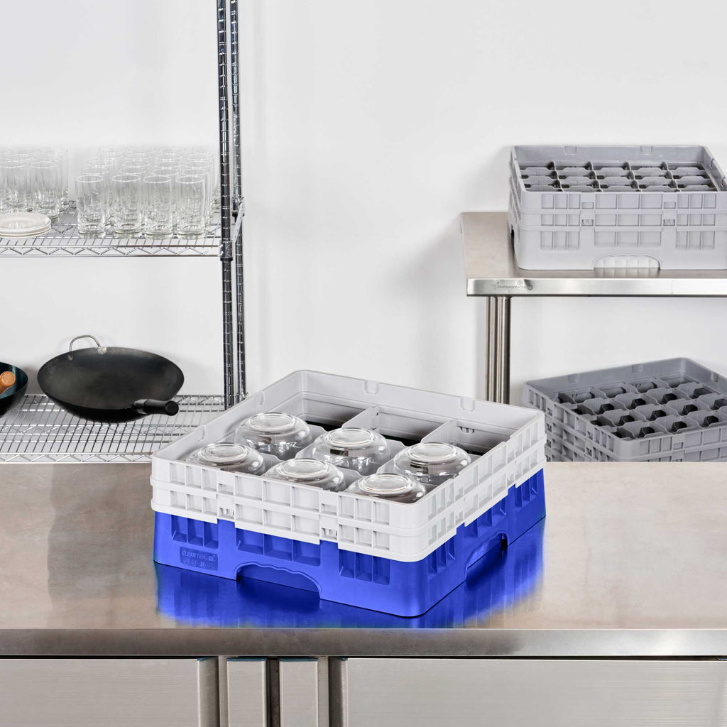 Clean Tek Professional Blue Glass Rack - 9 Compartments, 1 Full Drop and 1 Half Drop Extender - 19 3/4" x 19 3/4" x 7 1/4" - 1 count box