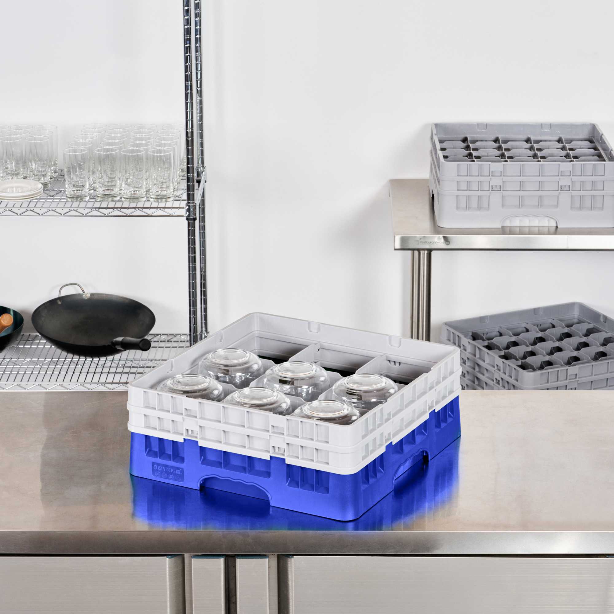Clean Tek Professional Blue Glass Rack - 9 Compartments, 1 Full Drop and 1 Half Drop Extender - 19 3/4" x 19 3/4" x 7 1/4" - 1 count box