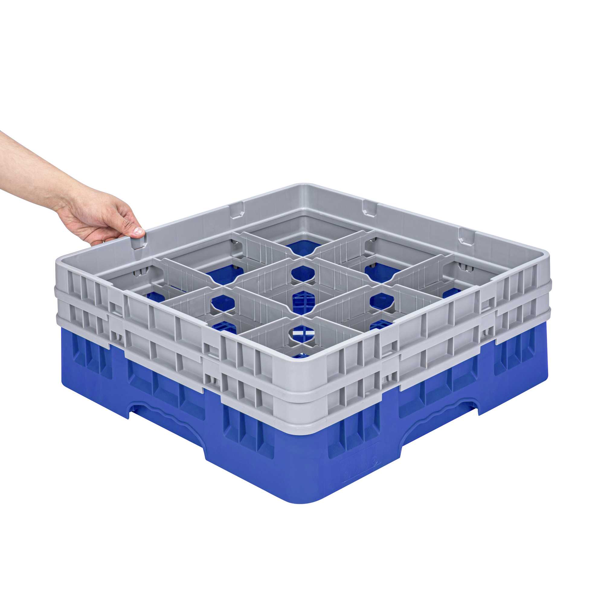 Clean Tek Professional Blue Glass Rack - 9 Compartments, 1 Full Drop and 1 Half Drop Extender - 19 3/4" x 19 3/4" x 7 1/4" - 1 count box