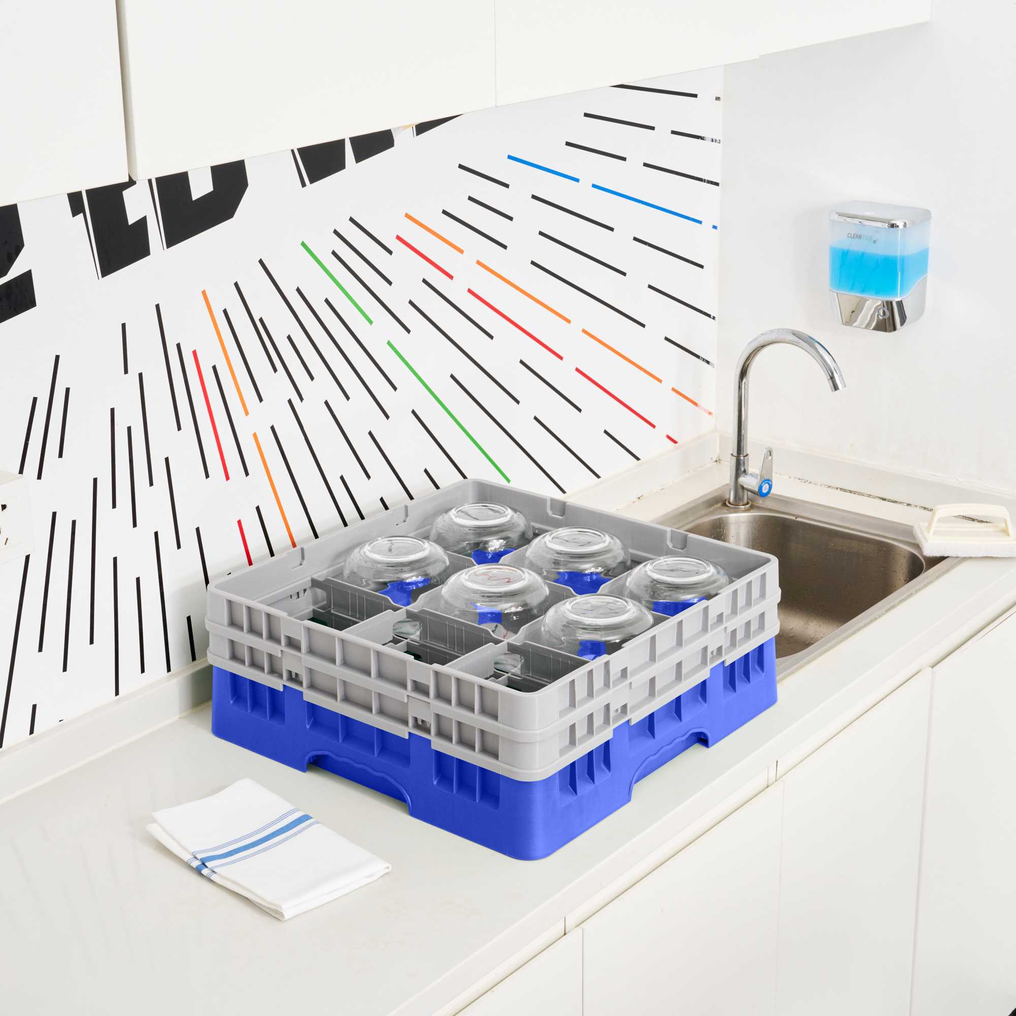 Clean Tek Professional Blue Glass Rack - 9 Compartments, 1 Full Drop and 1 Half Drop Extender - 19 3/4" x 19 3/4" x 7 1/4" - 1 count box